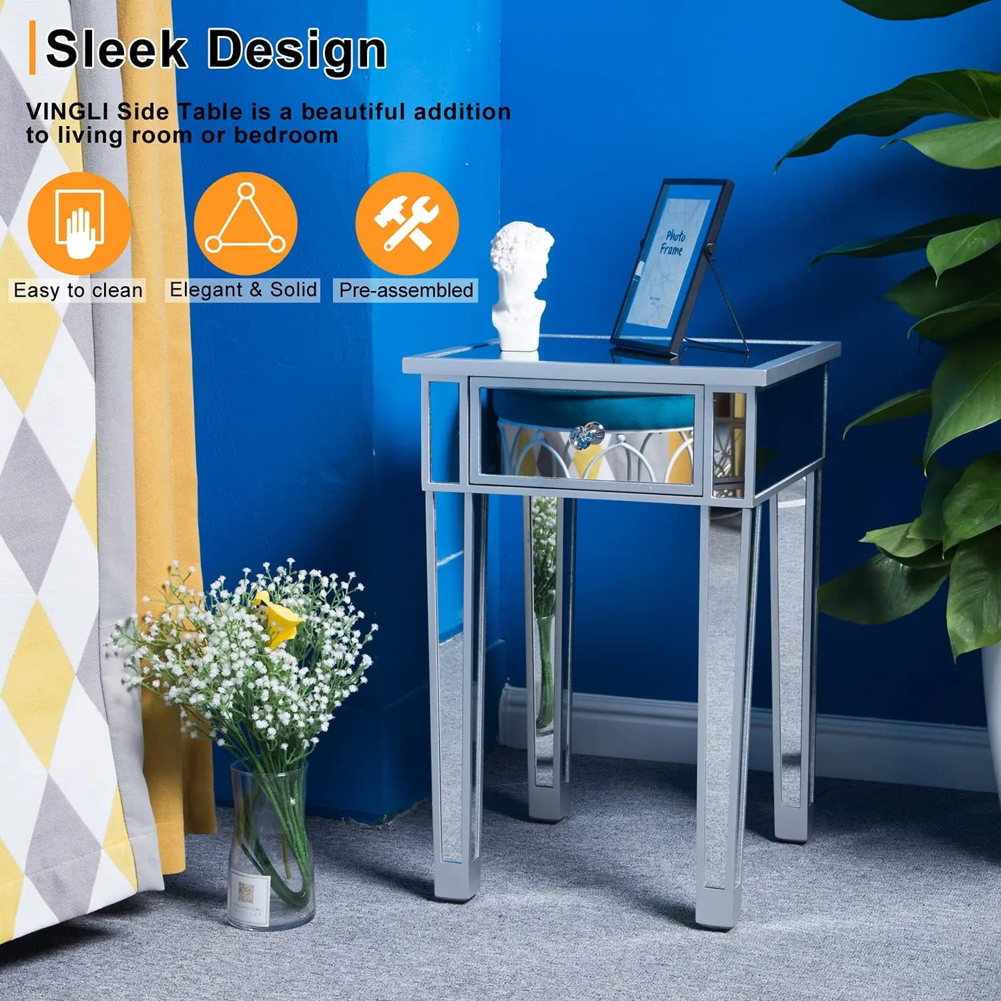 Mirrored End Table with Drawer Silver Modern End Table for Living Room 15.7x15.7x24 inch, Customized
