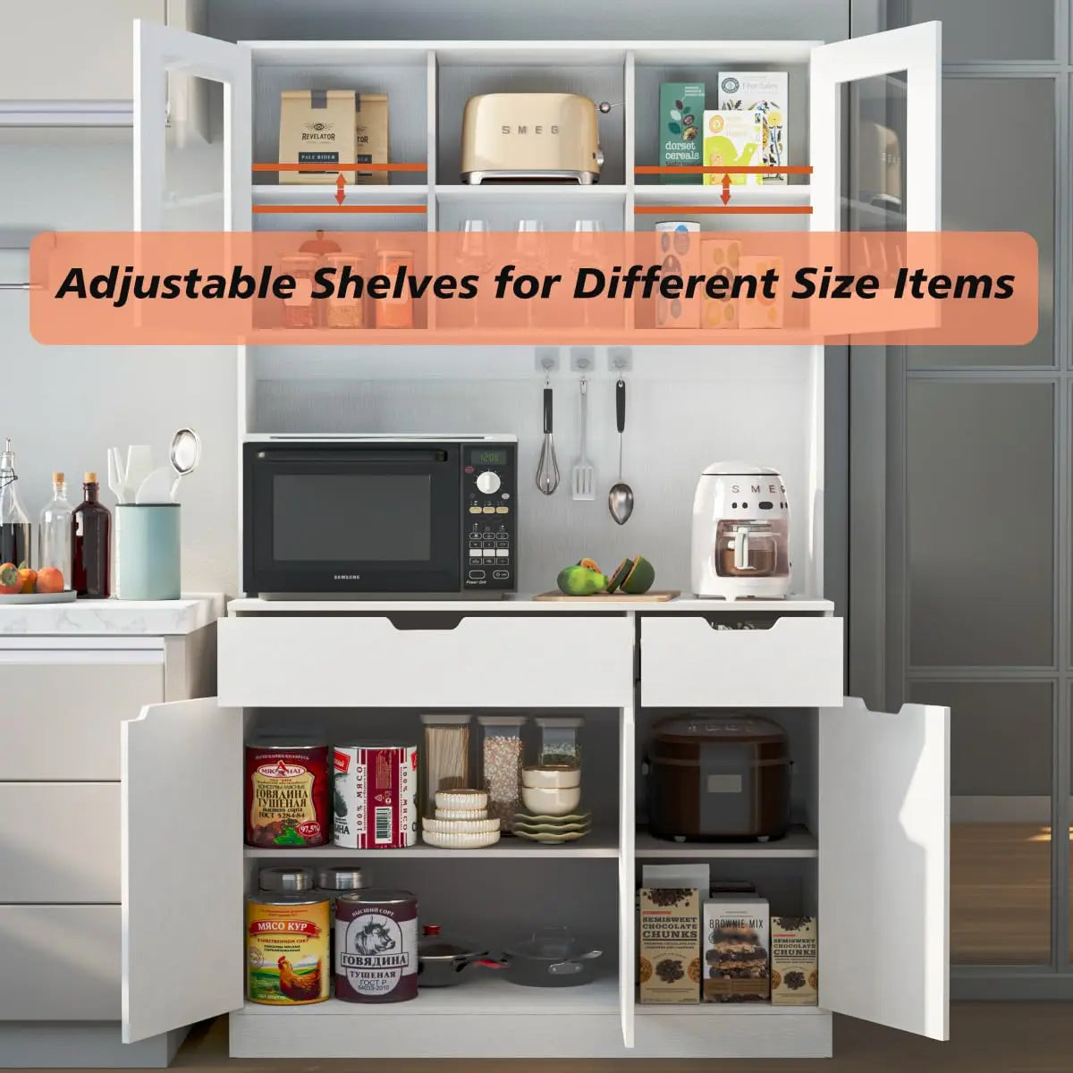 71" Tall Pantry Cabinet Hutch Microwave Stand Charging Station Adjustable Shelves Dining Living Room, Customized