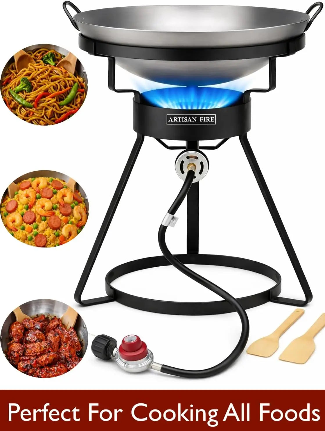 Outdoor Cooker Stove with Iron Wok, Propane Grill, 55,000 BTU High Pressure Burner for Backyard BBQ and Camping