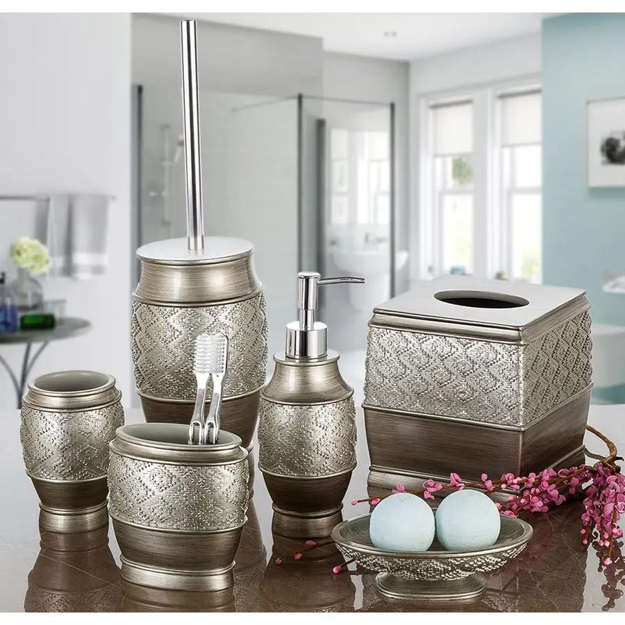 Dublin Silver Bathroom Accessories Set Complete Brushed Silver 6 Piece Bathroom Set Toilet Brush and Holder, Tissue Cover, Toot