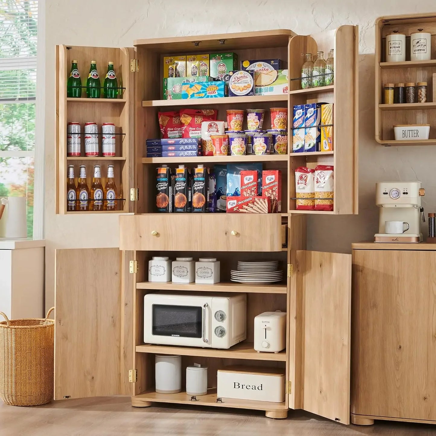 71" Tall Kitchen Pantry, Modern Curved Pantry Storage Cabinet with 4 Doors and 6 Adjustable Shelves, Cupboard for Kitchen, Dinin