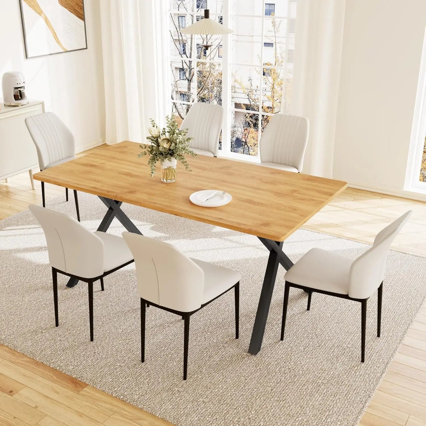 7-Piece Dining Set 63in MDF Table 6 Upholstered Chairs Metal Legs Kitchen Room Oak White Custom