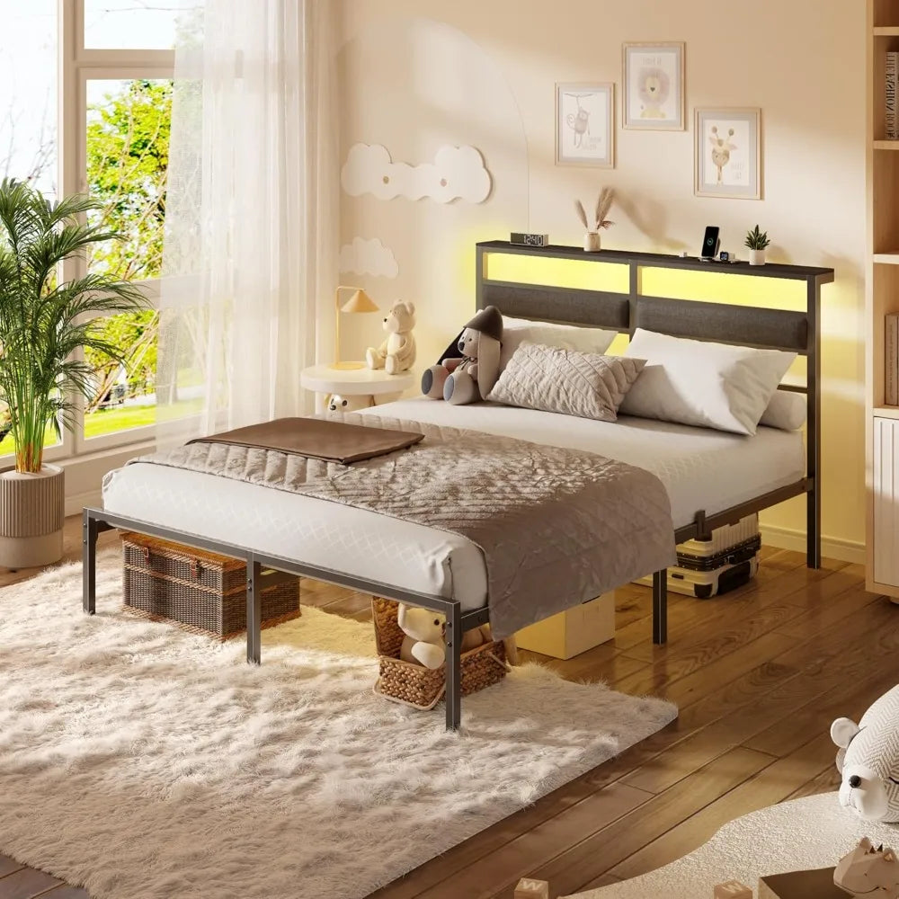Bed Frame with Headboard, Bed Frame with LED Light and Charging Station, Black Metal Platform, Customized