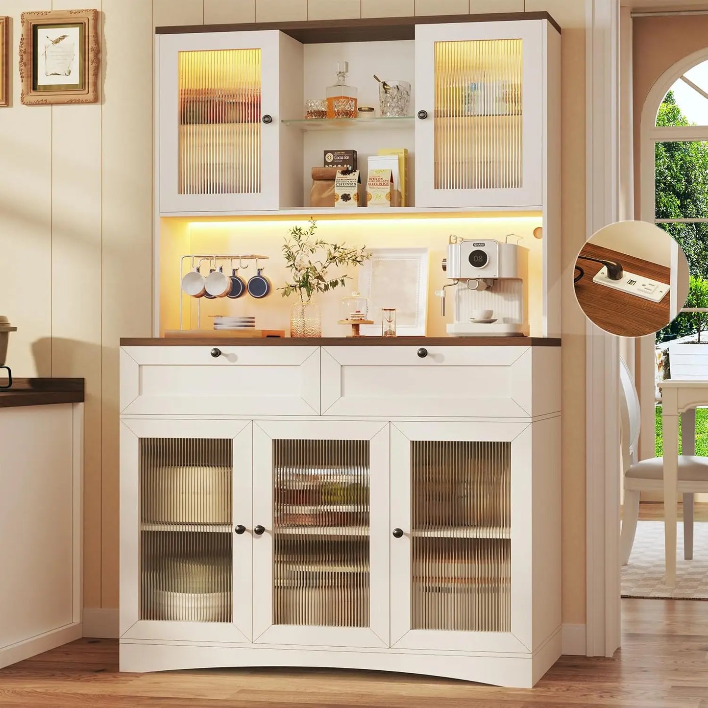 71" Kitchen Pantry Cabinet with Lights & Acrylic Doors, Storage Hutch with Microwave Stand Customized