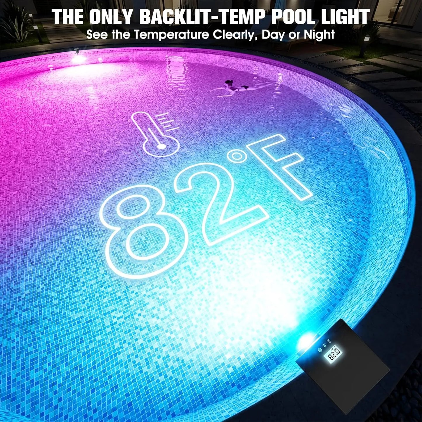 Solar Pool Lights with LCD Thermometer, Underwater LED for Inground Pools, 10 Light Modes
