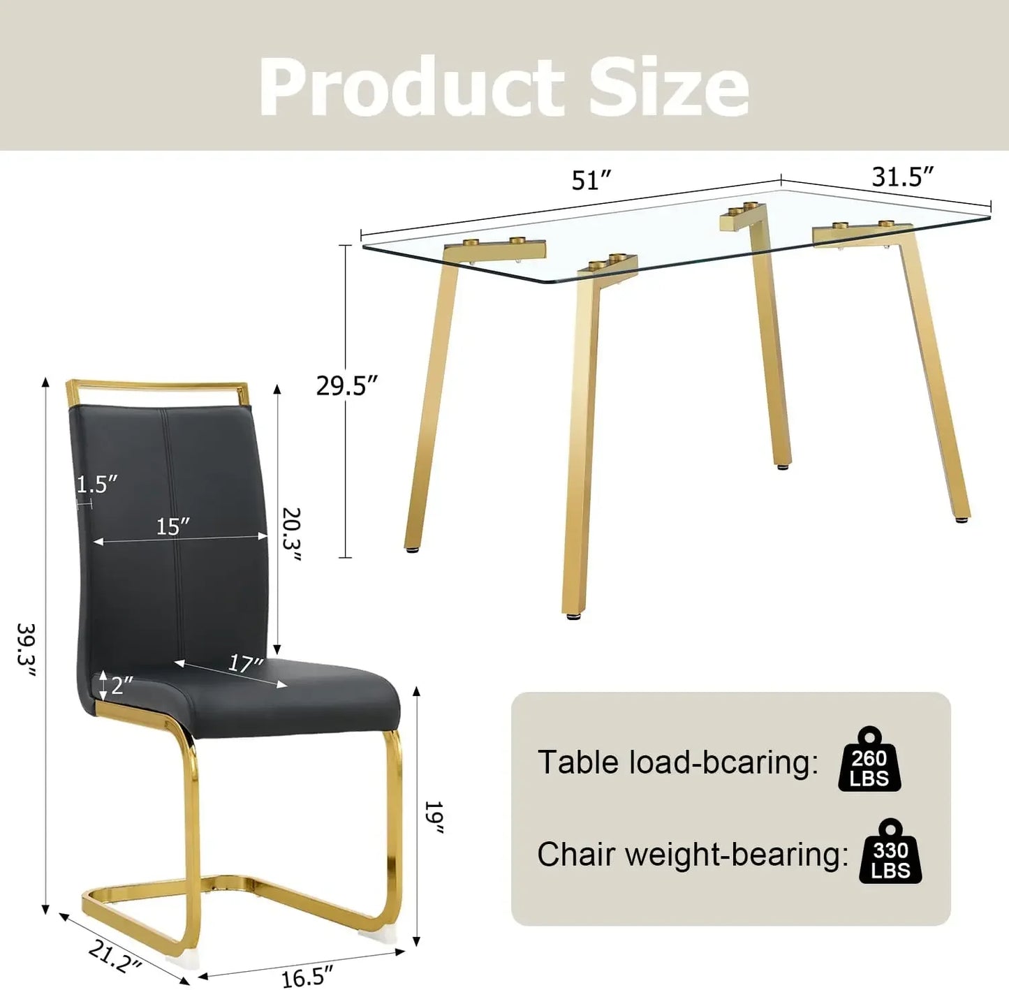 Dining Table Set of 4,51" Rectangle Tempered Glass Table Top with Golden Metal Legs,Kitchen Room Table with 4 Black Faux