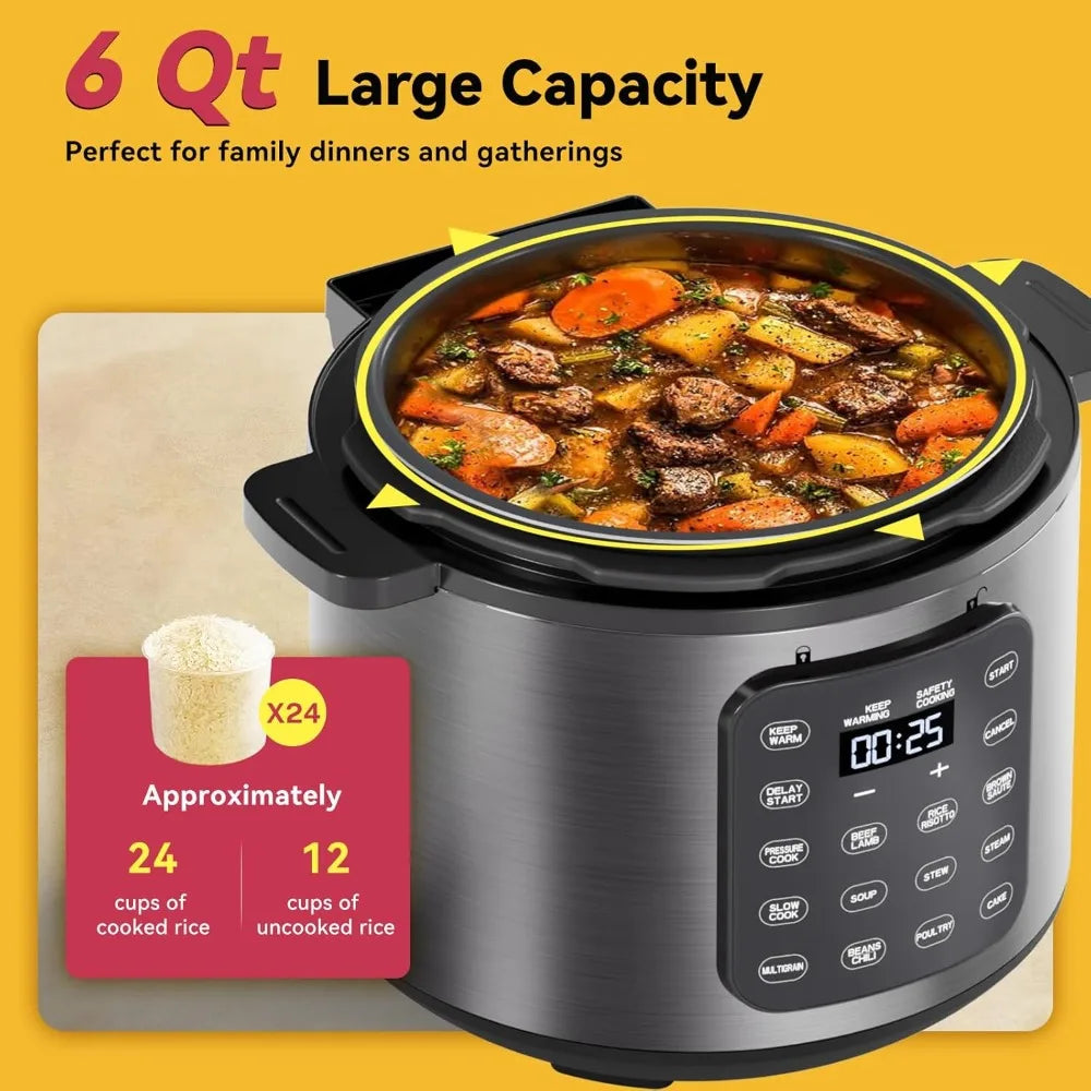 Electric Pressure Cooker 6 Quart Silver, Non-stick Pot, 9-in-1 Instant Pot, 12 Preset Functions with Touchscreen