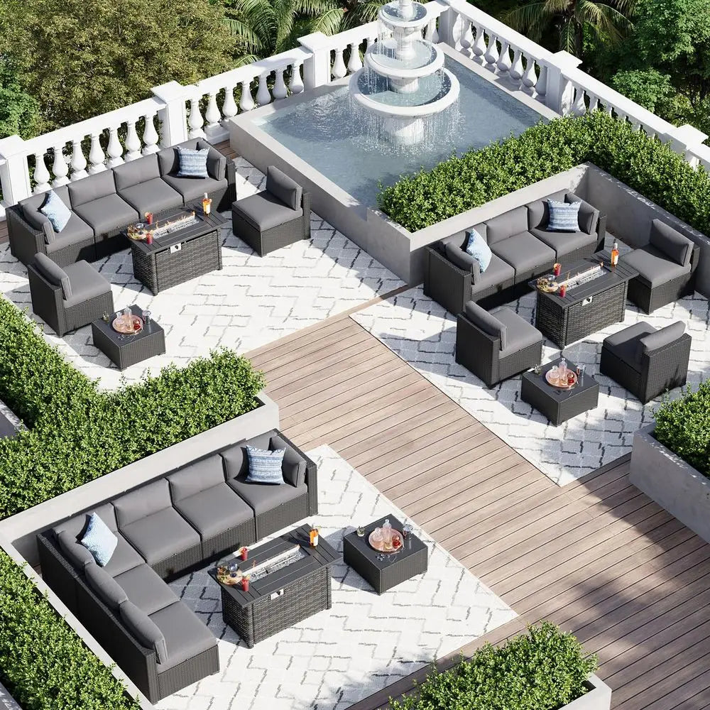 8 Piece Patio Furniture Set with 44 Fire Pit Table Wicker Rattan Sectional Sofa Outdoor Seating with Thickened Cushion, Grey