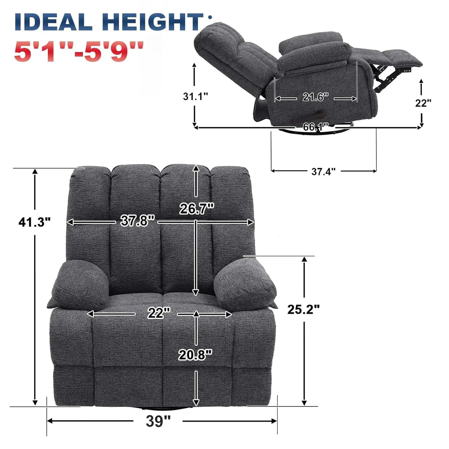 Oversized Swivel Rocker Recliner Chair Manual 350lb Wide Soft Upholstery Living Room Custom