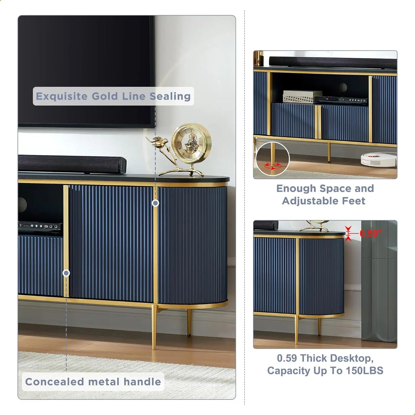 70" Fluted TV Stand Modern Entertainment Center Faux Marble Top Curved Profile Media Console Living Room Navy Blue Customized