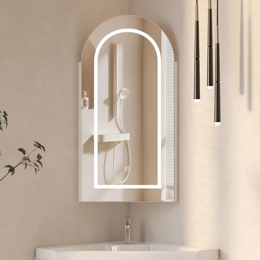 16x31 Inch White Lighted Corner Medicine Cabinet with Mirror,Corner Bathroom Cabinet Surface Mounted for Bathroom, Customized