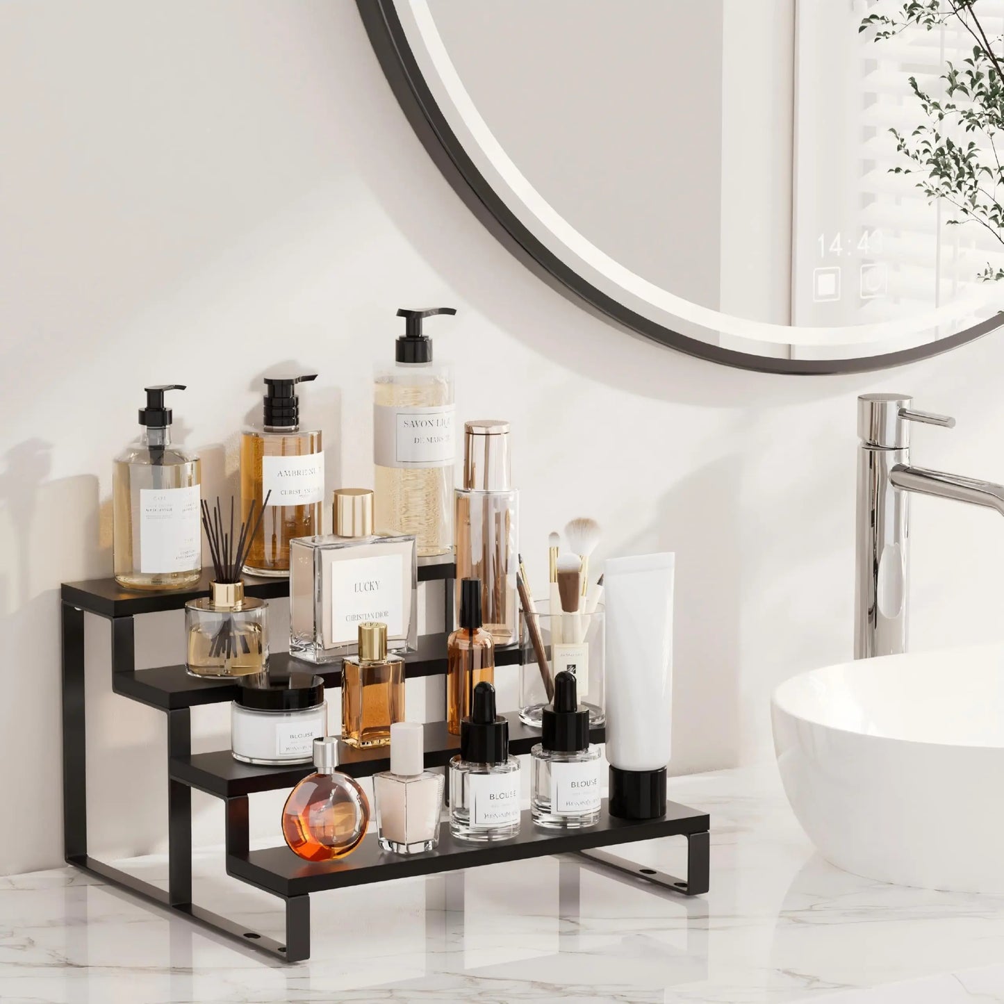 4 Tier Wood Cologne Organizer 12 Inch Waterproof Perfume Display Stand with Anti-Slip for Men Dresser Top