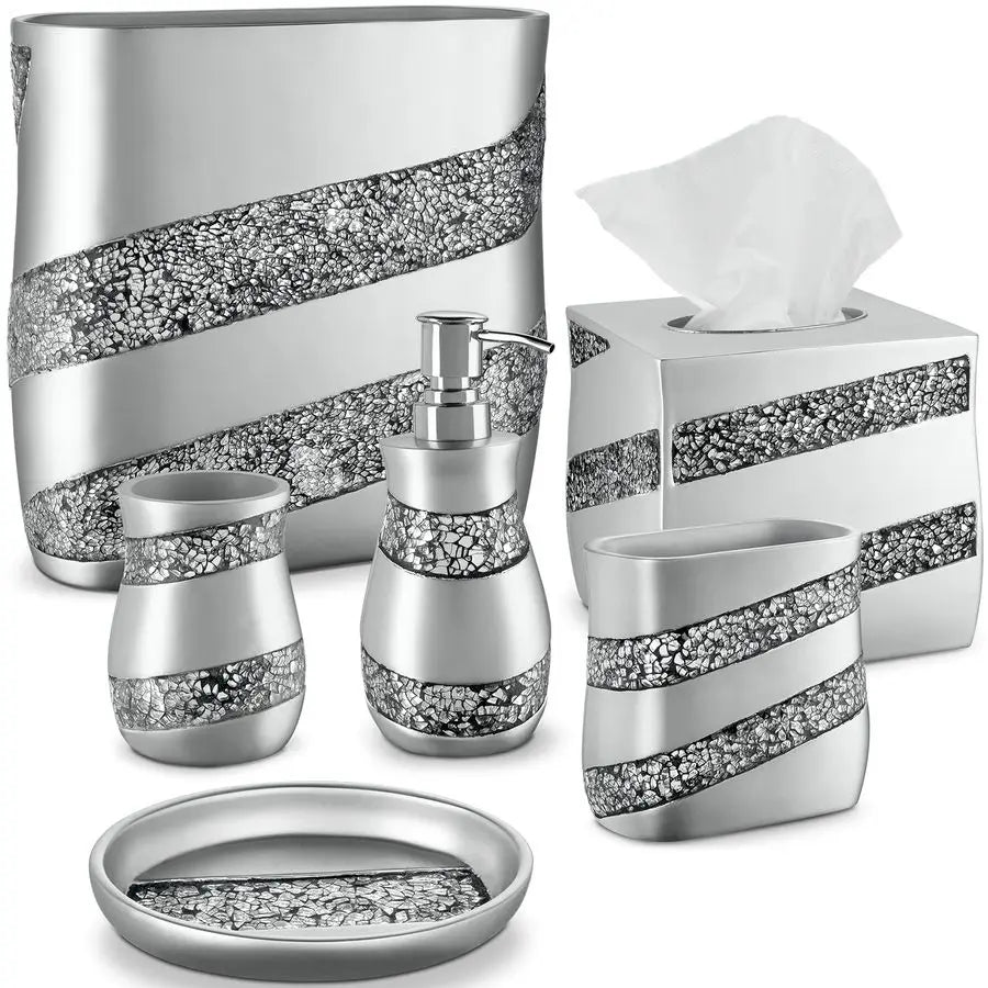 Silver Mosaic Bathroom Accessories Set Complete 6 Piece Bathroom Set Includes Bathroom Trash Can, Tissue Cover, Soap Dispenser,