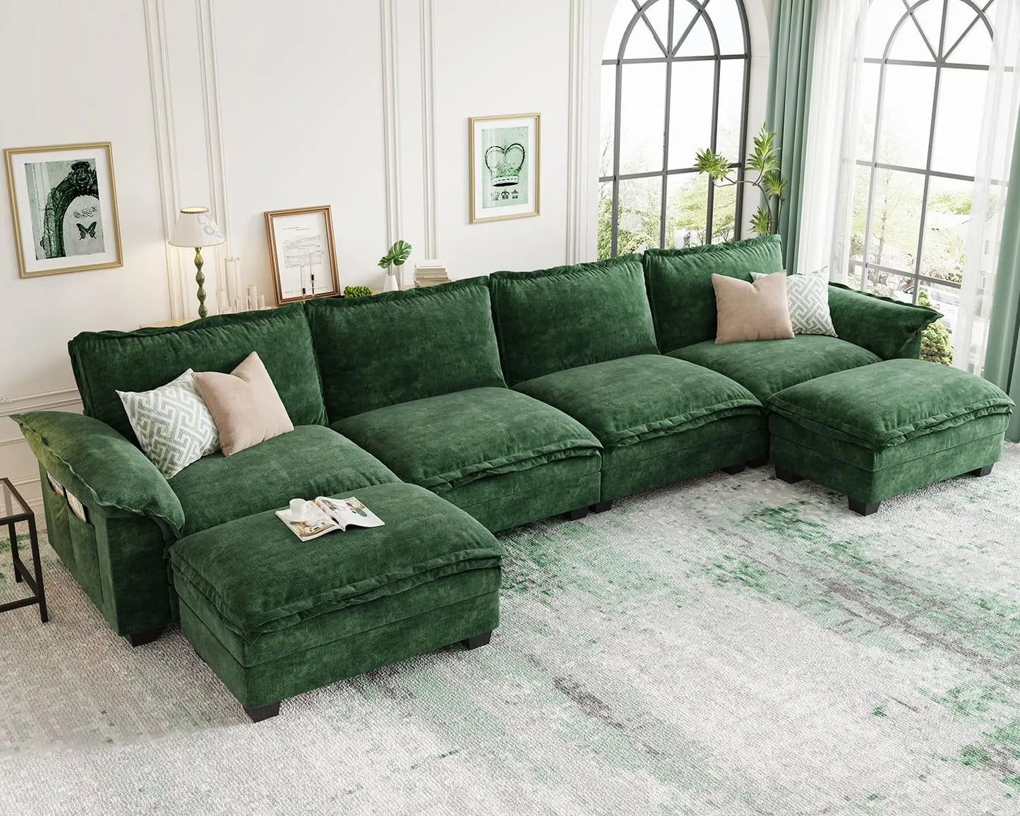 U-Shaped Modular Sectional Sofa, 6 Seater Cloud Couch with Ottoman, Chenille Sectional Couches for Living Room
