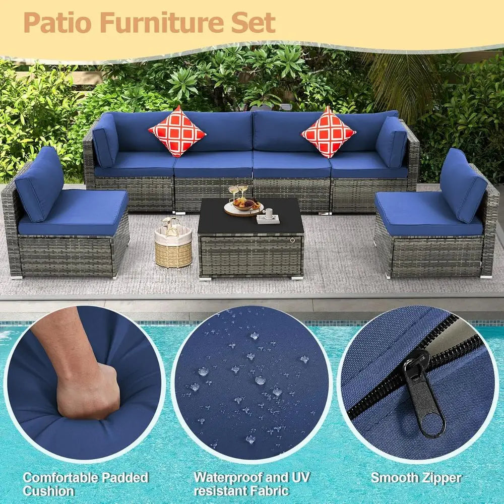 7-Piece Outdoor Patio Furniture Set, Handwoven PE Rattan, Sectional with Storage Table, Navy Blue Cushions & Pillows, Ideal for