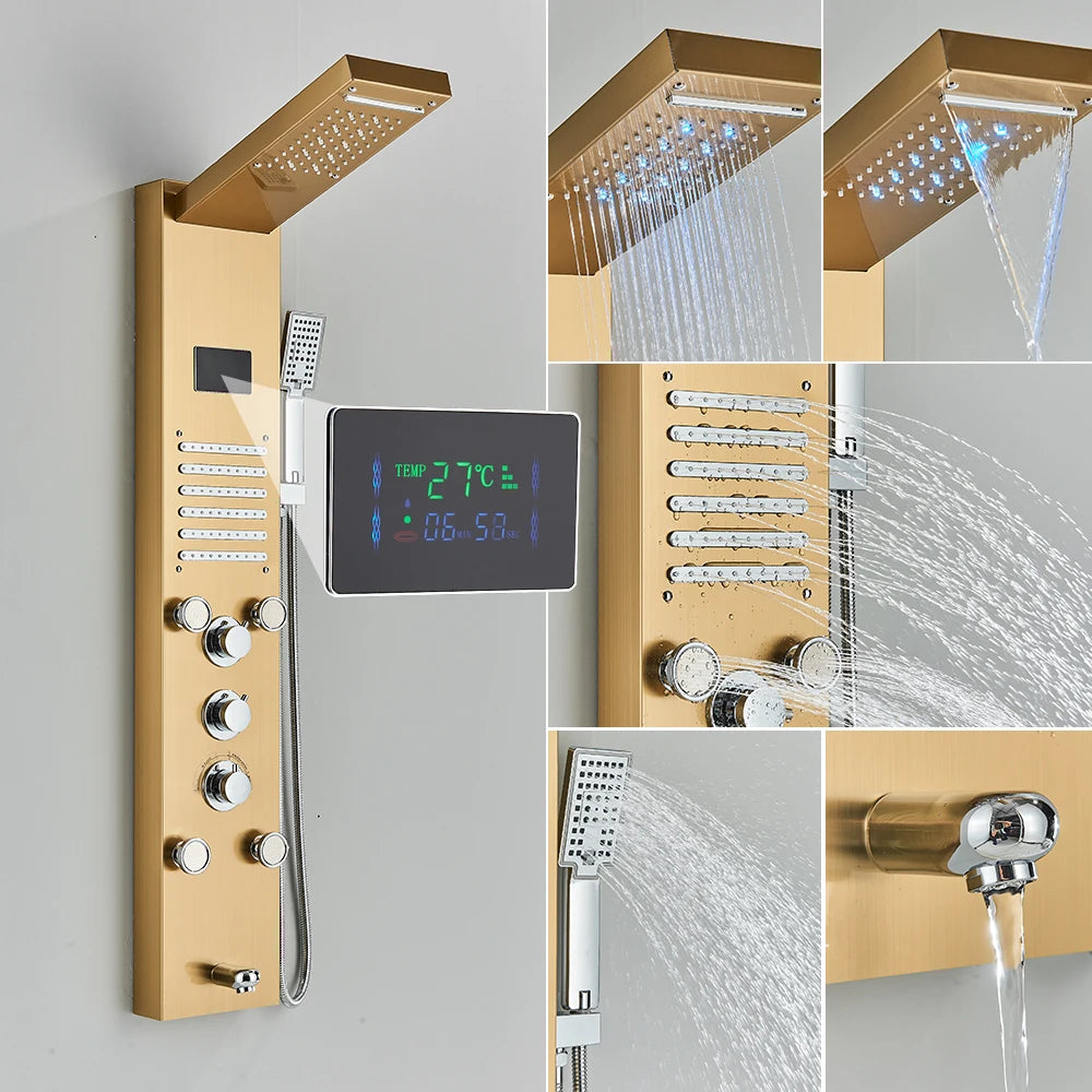 Newly Luxury Black/Brushed Bathroom Shower Faucet LED Shower Panel Column Bathtub Mixer Tap With Hand Shower Temperature Screen