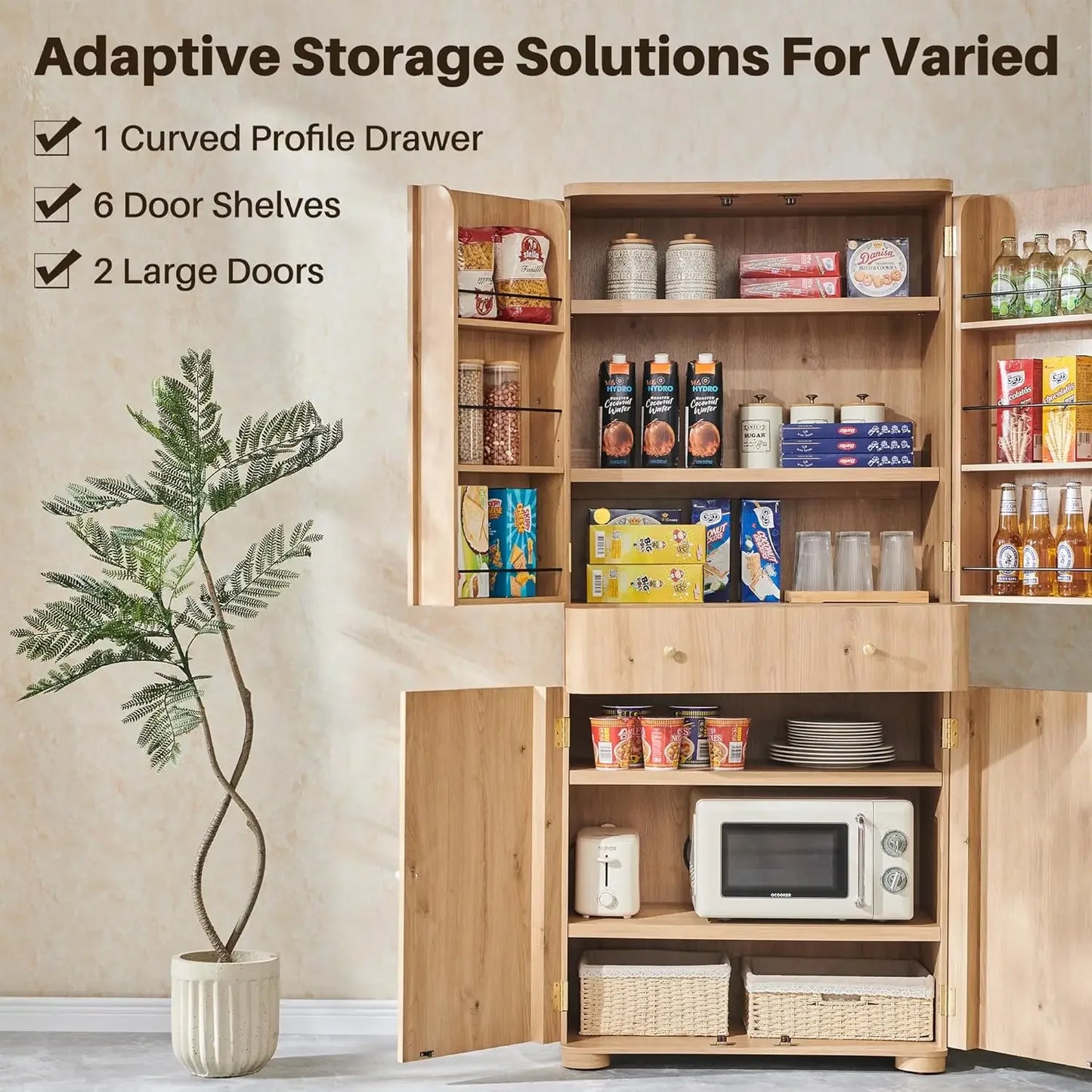 71" Tall Kitchen Pantry, Modern Curved Pantry Storage Cabinet with 4 Doors and 6 Adjustable Shelves, Cupboard for Kitchen, Dinin
