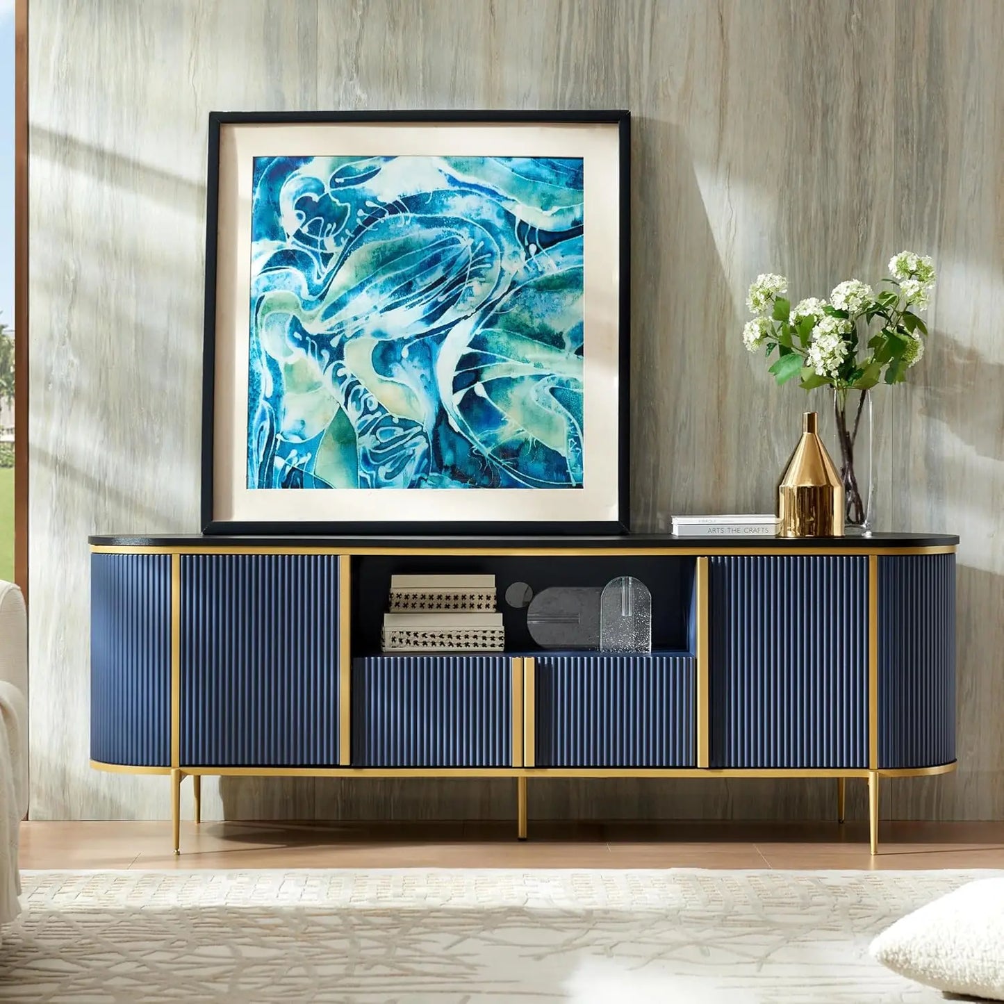 70" Fluted TV Stand Modern Entertainment Center Faux Marble Top Curved Profile Media Console Living Room Navy Blue Customized