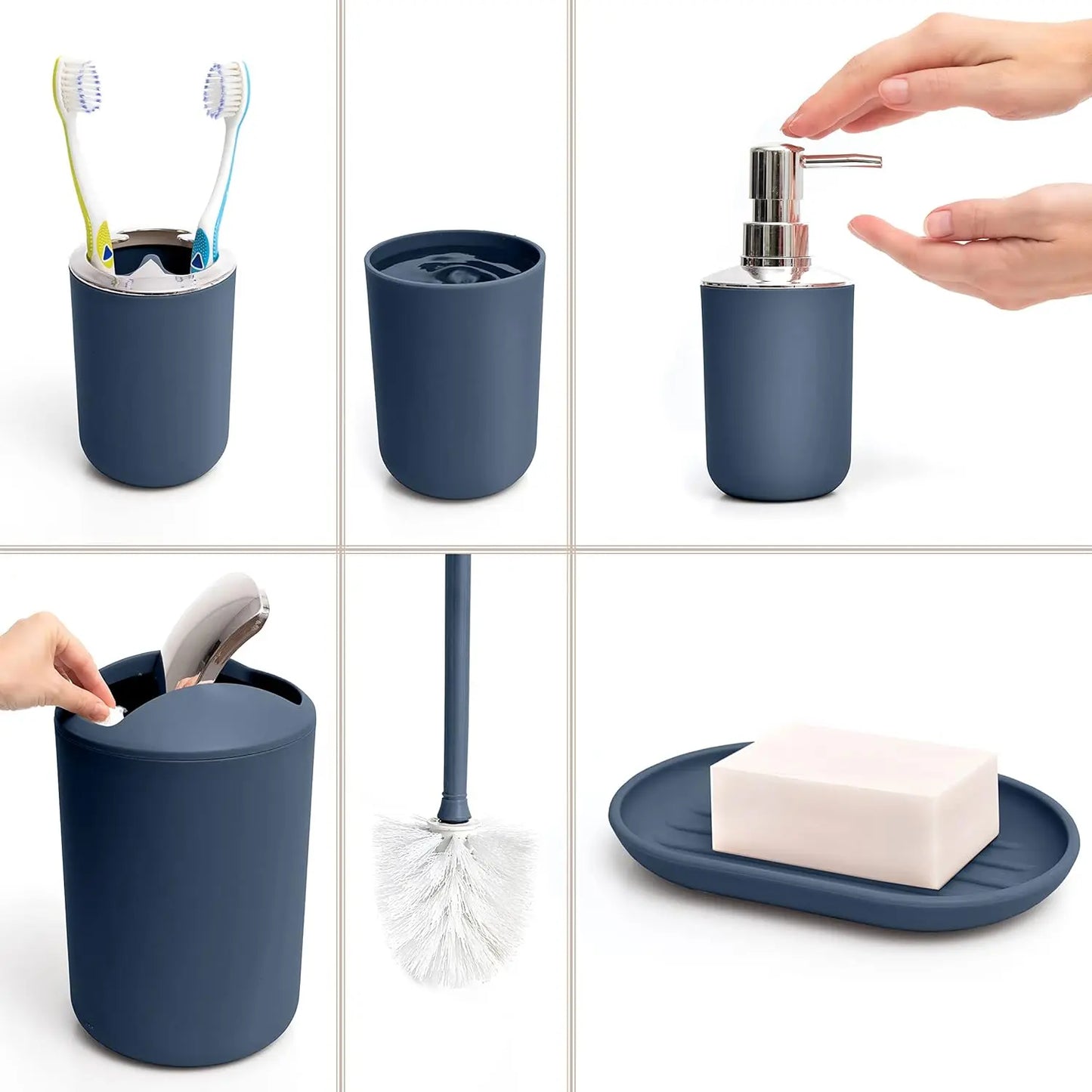 6-Piece Blue Bathroom Accessories Set: Soap Dispenser, Toothbrush Holder, Cup, Dish - Modern Decor Essentials