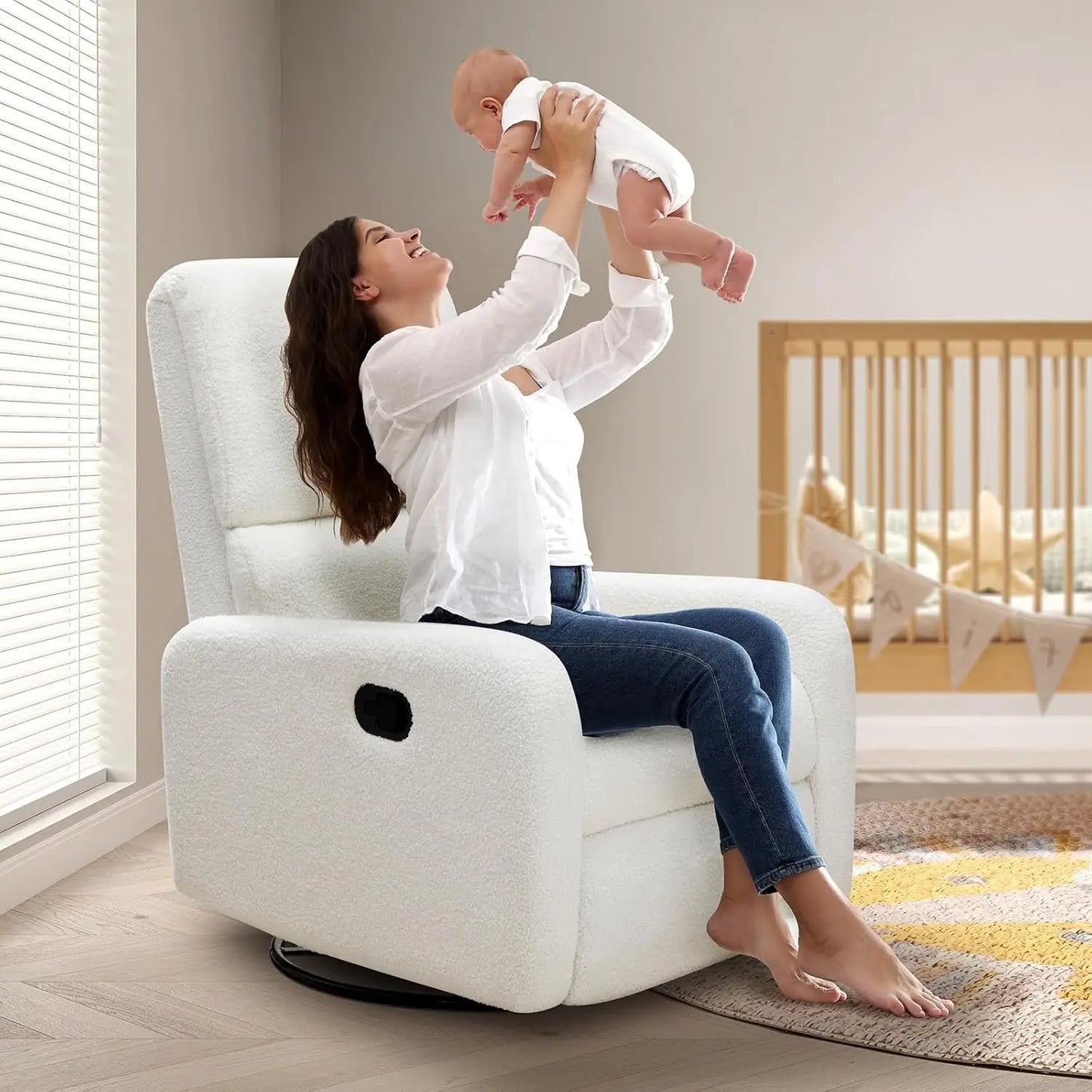 Swivel Glider Rocking Recliner Chair Upholstered Comfy Nursery Living Room Bedroom Teddy White No Side Pockets, Customized