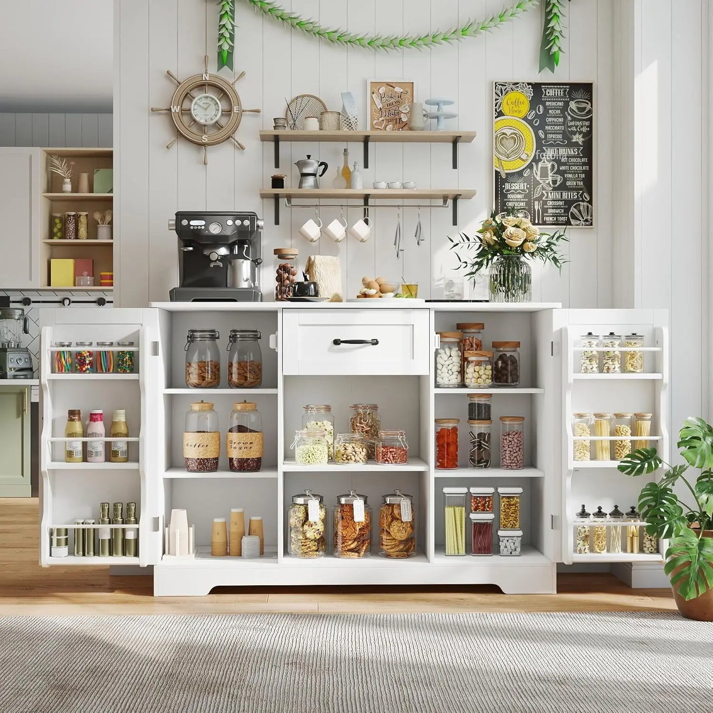 Kitchen Sideboard Buffet Cabinet with Storage Coffee Bar Cabinet with Drawer, Kitchen Pantry Storage with Door and, Customized