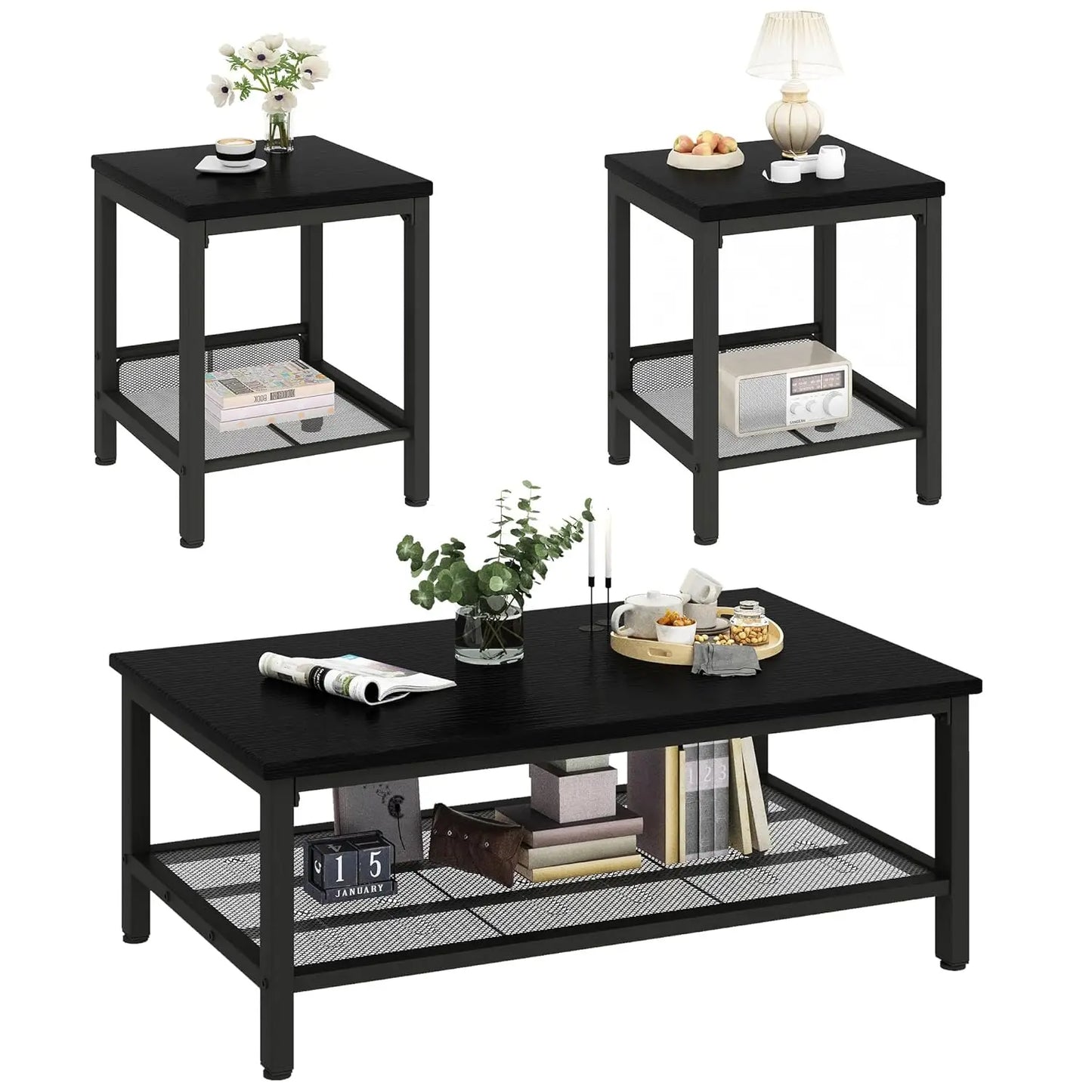 Coffee Table Set of 3, Industrial Coffee Table with 2 Square End Side Tables, Modern Living Room Table Set with, Customized