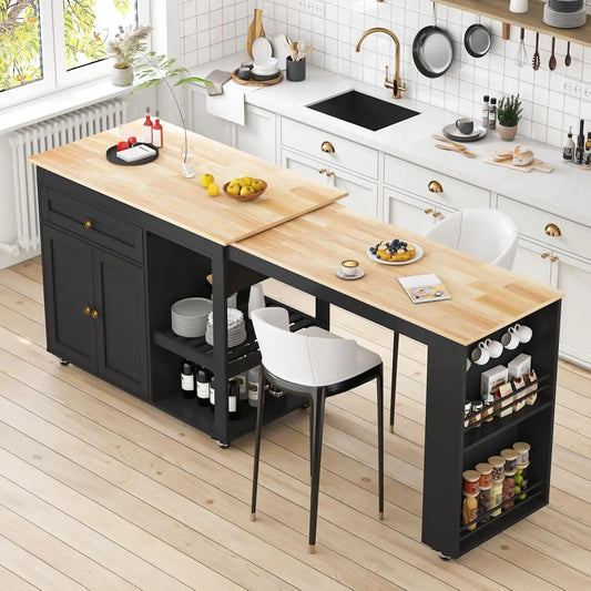 77.8'' Rolling Kitchen Island with Extendable Dining Table for 2-4, 2 in 1 Kitchen Islands Cart on Wheels, Storage Cabinet with