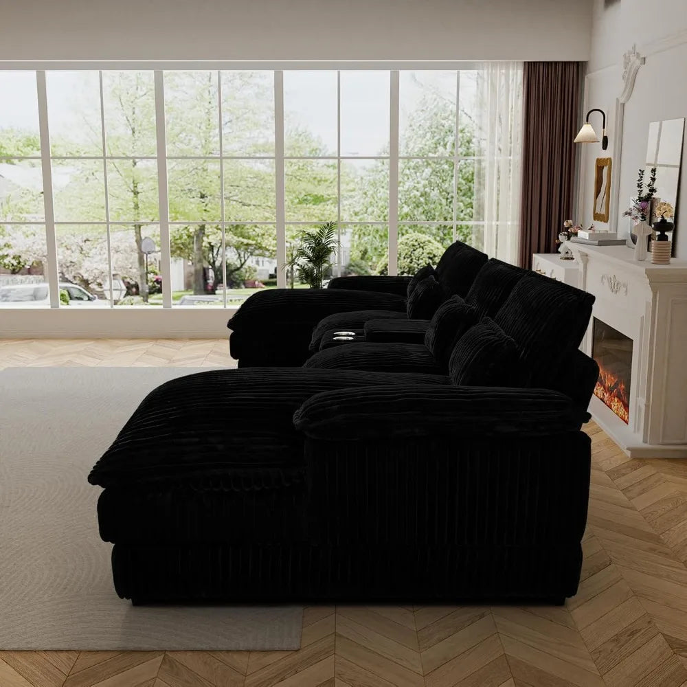 124" Cloud Couch Sectional U Shaped Jet Black Sectional Couches for Living Room, Plush Soft Comfy Fluffy Corduroy, Customized
