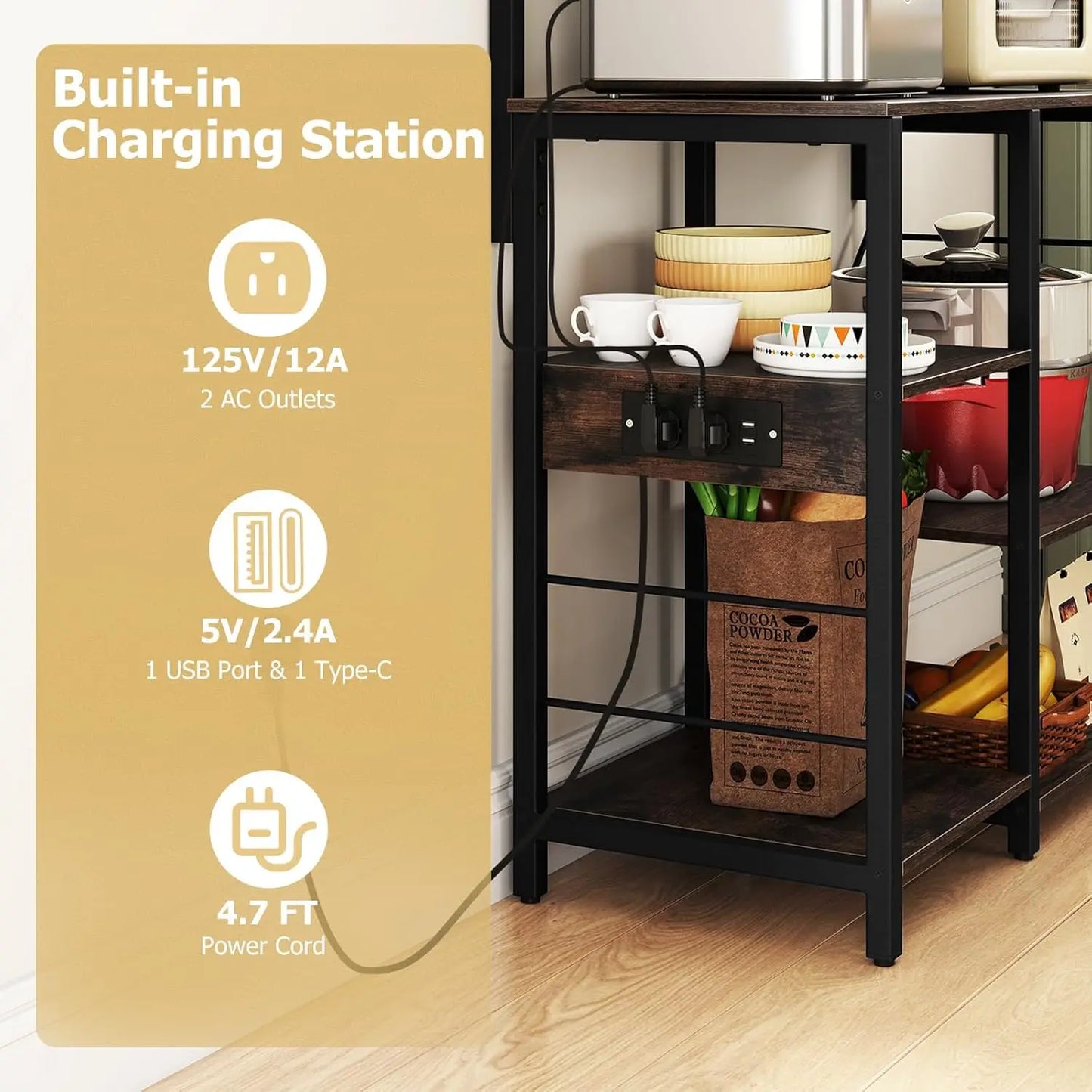 Bakers Rack with Power Outlet and LED Lights, 7-Tier Microwave Stand with Storage Shelves for Spices, Customized
