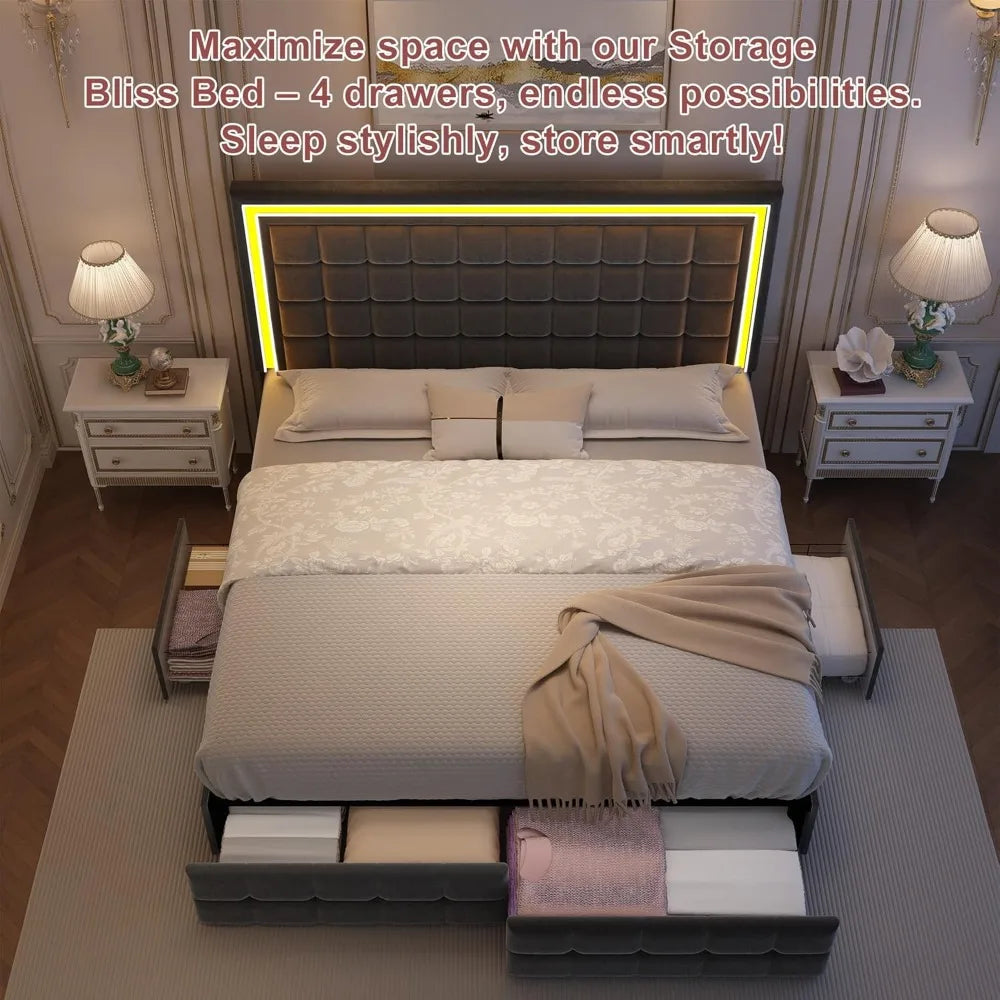Full Bed Frame with LED Lighting and Storage Drawers, No Box Spring Needed, Supports 900 lbs, Easy Assembly, Quiet-Customized