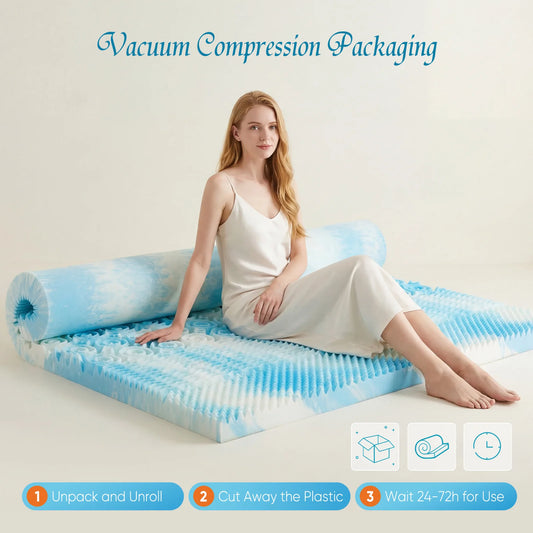MCQ 5-Zone Memory Foam Mattress Topper 2 Inch Breathable Cooling Gel Infused Pressu Gel Cooling Mattress Soft Bed Topper