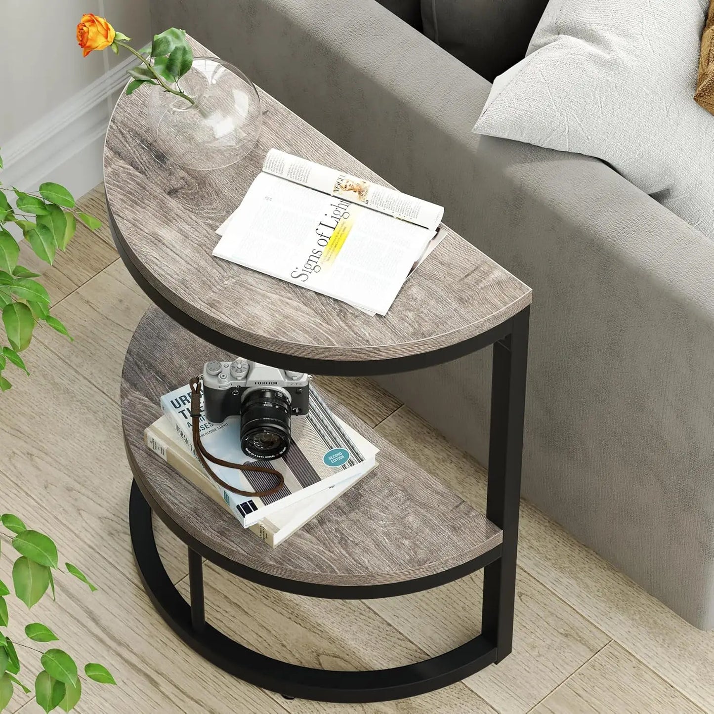 2-Tier End Table Semi Circle, Half Round Side Table with Storage Shelf, Wood Accent Table Slim C Table for Sofa Couch