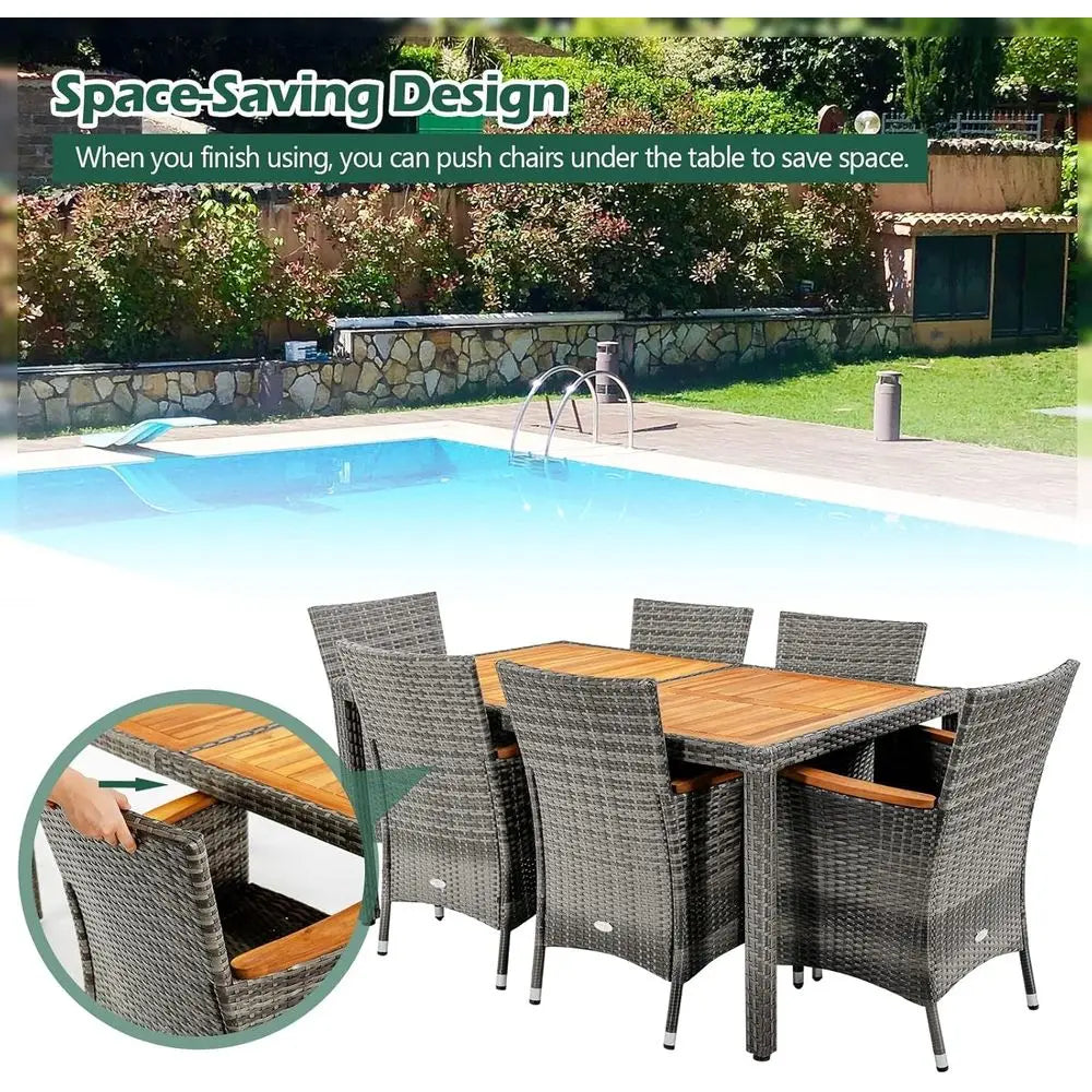 9-Piece Rattan Outdoor Dining Set with 13ft Patio Umbrella or 6-Seat Wicker Table Set with Cushioned Chairs, Acacia Wood Top, Ou