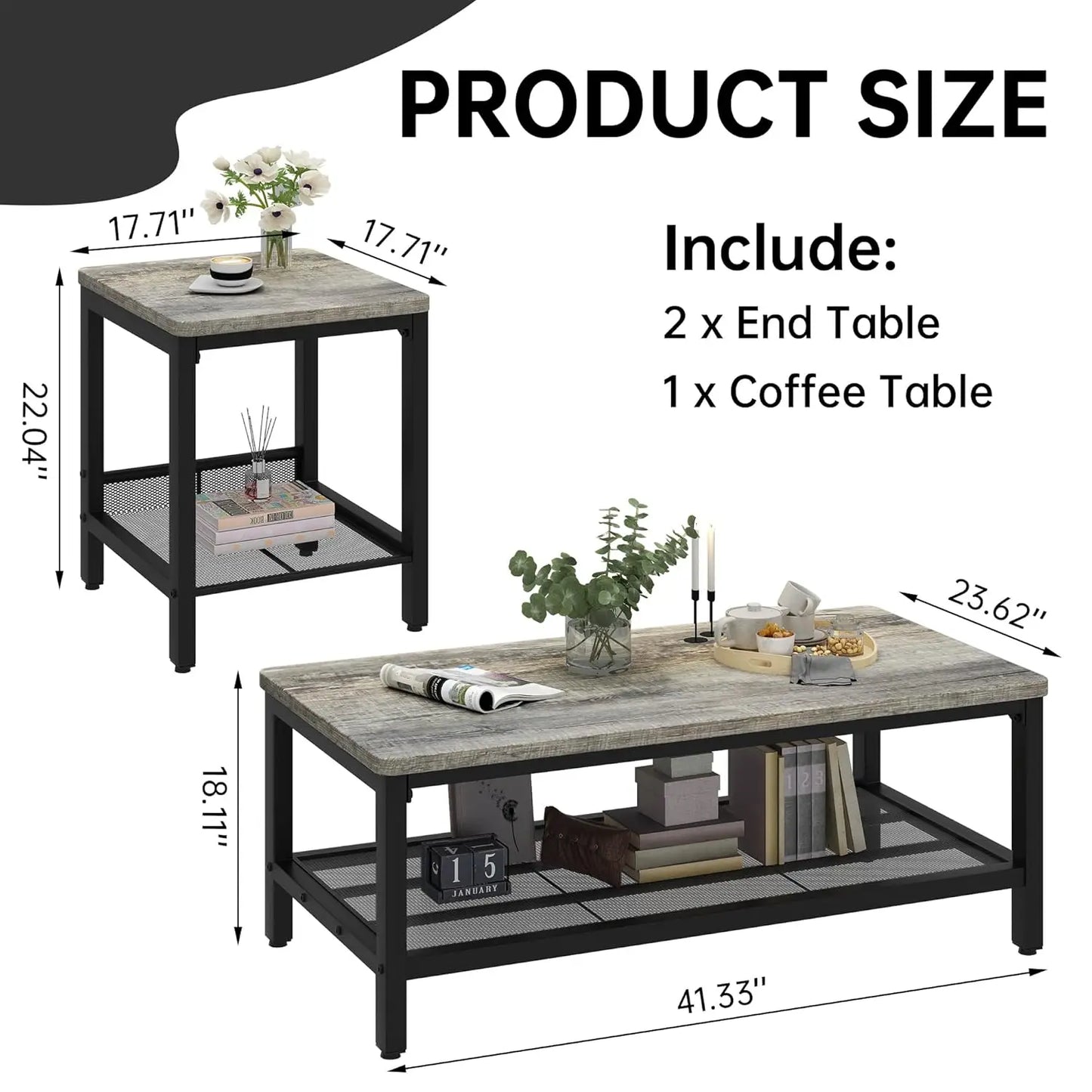 Coffee Table Set of 3, Industrial Coffee Table with 2 Square End Side Tables, Modern Living Room Table Set with, Customized