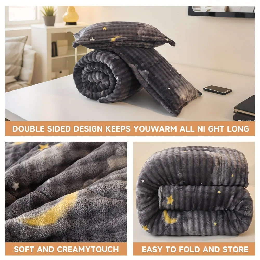 3-pc quilt set: all-season plush faux rabbit fur, Bohemian style. Perfect for bedroom/guest room & holiday gifts.