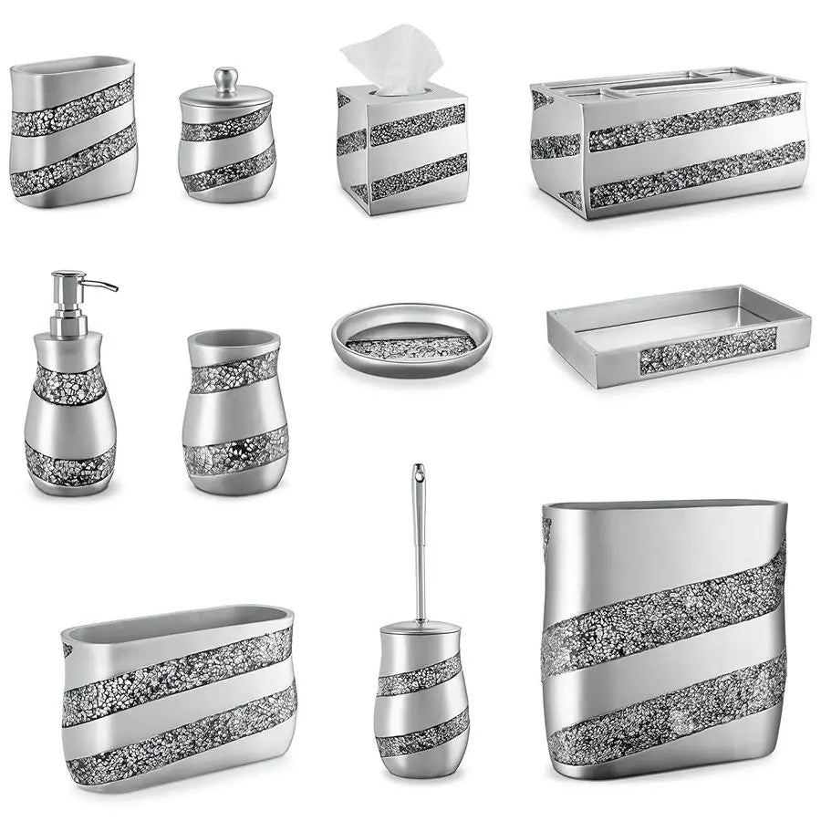 Silver Mosaic Bathroom Accessories Set Complete 6 Piece Bathroom Set Includes Bathroom Trash Can, Tissue Cover, Soap Dispenser,