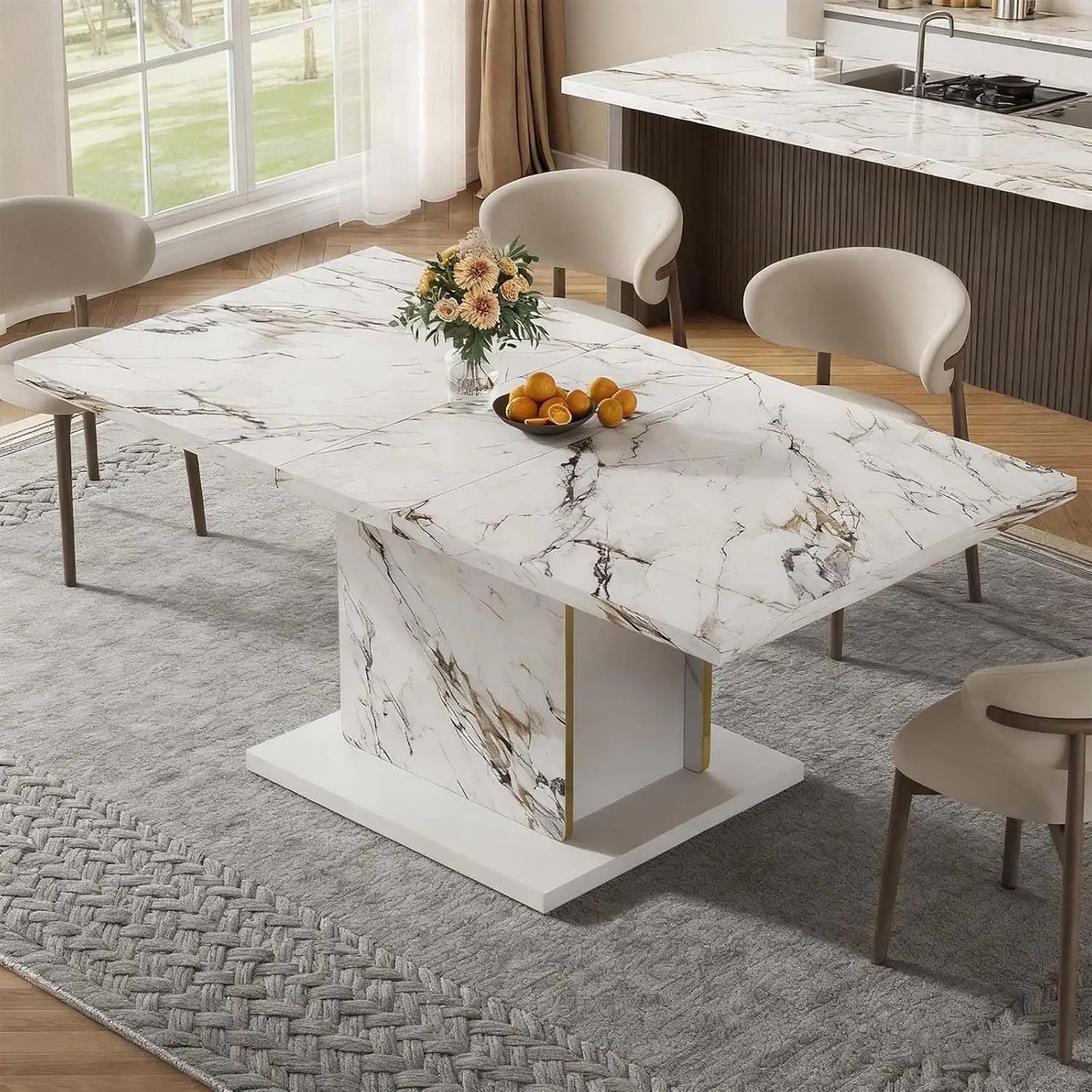71" Faux Marble Dinner Table，Rectangle Modern White Dining Table for 6-8 People，Large Kitchen Furniture Table, Customized