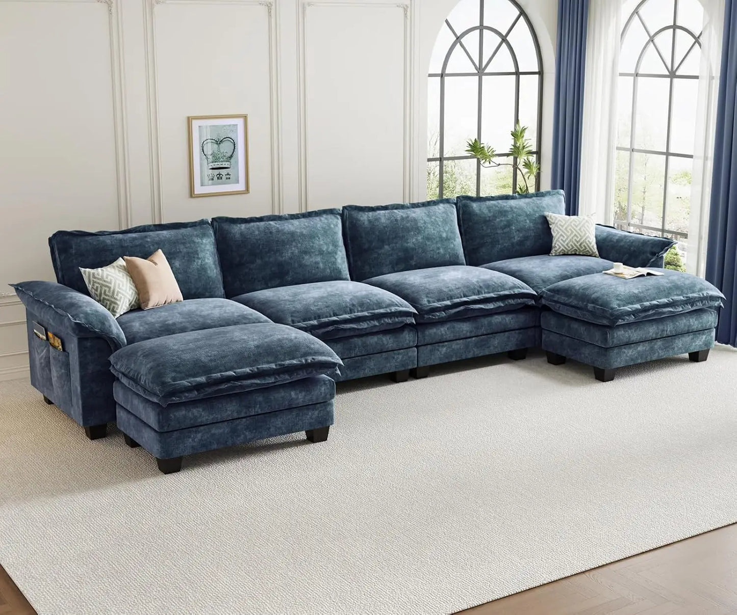 U-Shaped Modular Sectional Sofa, 6 Seater Cloud Couch with Ottoman, Chenille Sectional Couches for Living Room