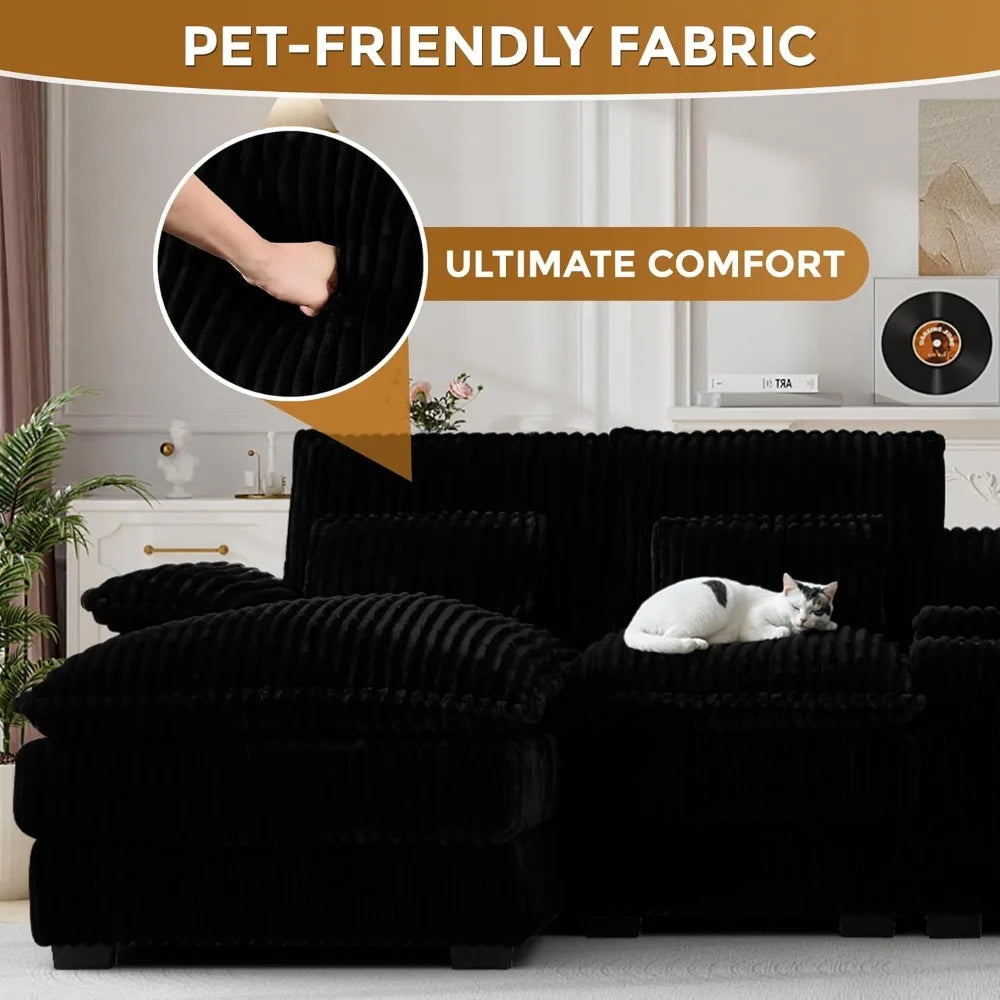 124" Cloud Couch Sectional U Shaped Jet Black Sectional Couches for Living Room, Plush Soft Comfy Fluffy Corduroy, Customized
