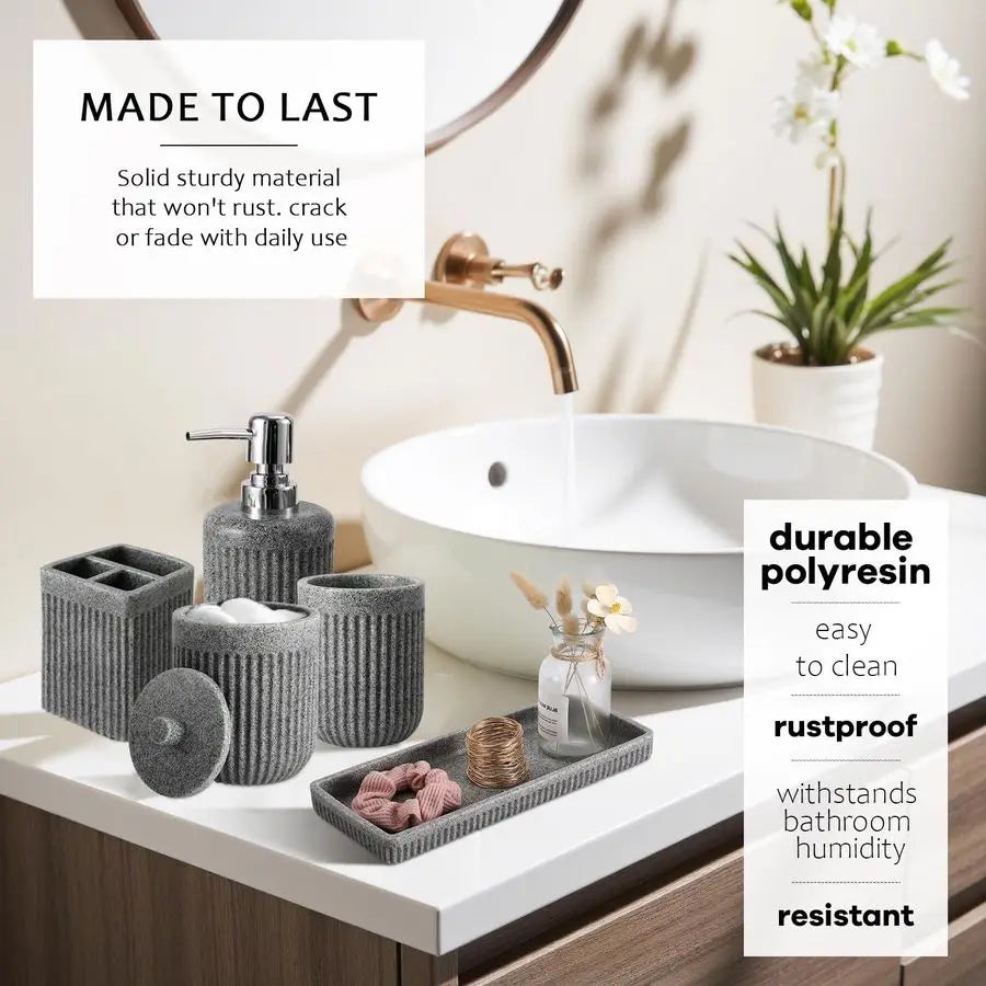Grey Bathroom Sets with Shower Curtain and Rugs, Resin Bathroom Accessories Sets Complete with Soap Dispenser, Toothbrush Holde