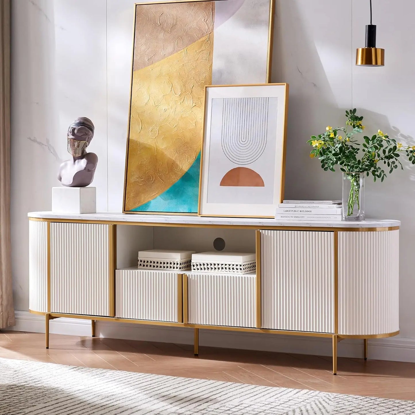 70" Fluted TV Stand Modern Entertainment Center Faux Marble Top Curved Profile Media Console Living Room Navy Blue Customized