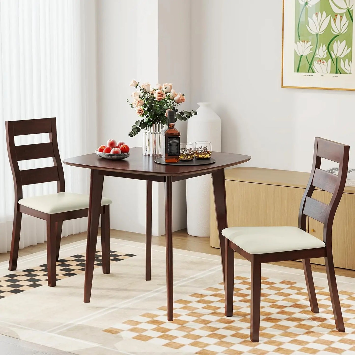 3-Piece Dining Table Set for 2, Wooden Square Kitchen Table and 2 Chairs with Padded Seat, Customized