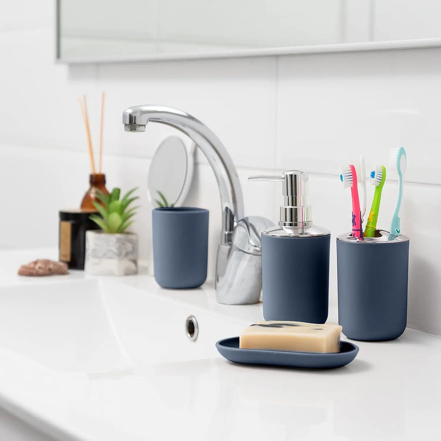 6-Piece Blue Bathroom Accessories Set: Soap Dispenser, Toothbrush Holder, Cup, Dish - Modern Decor Essentials