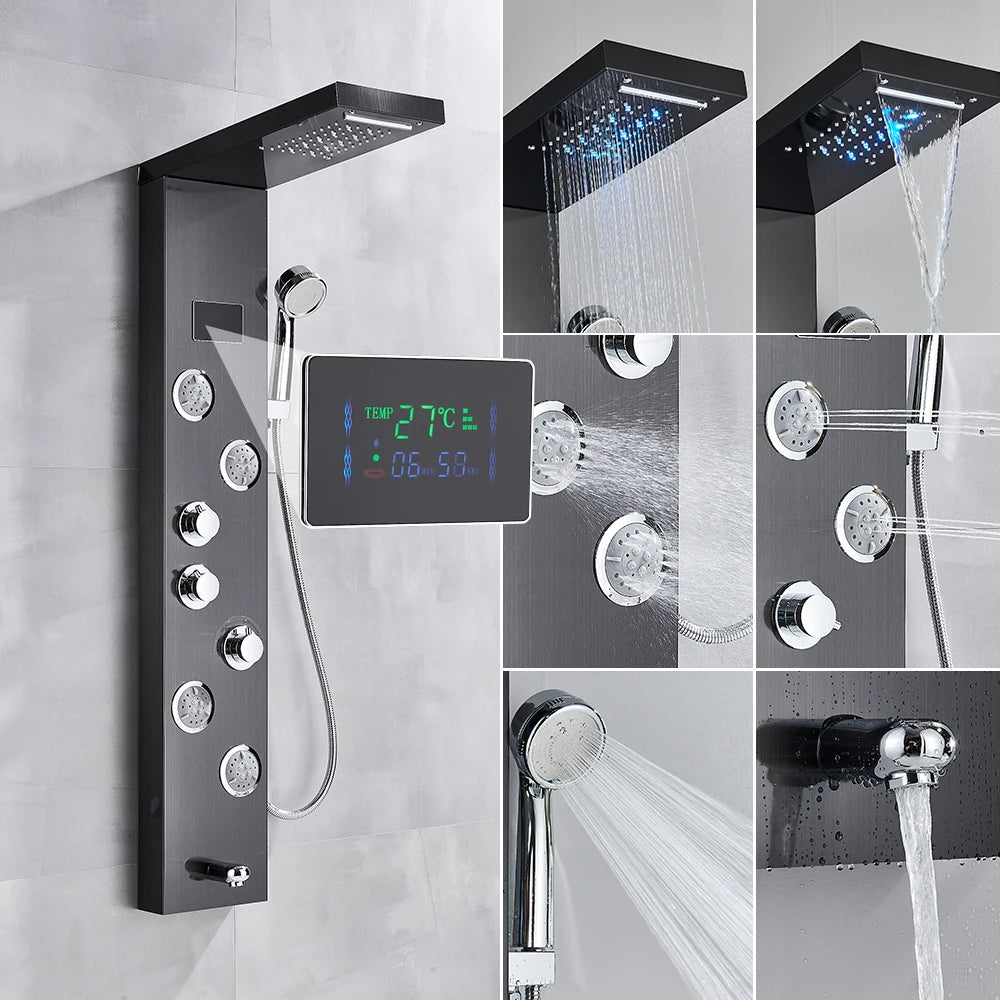 Newly Luxury Black/Brushed Bathroom Shower Faucet LED Shower Panel Column Bathtub Mixer Tap With Hand Shower Temperature Screen