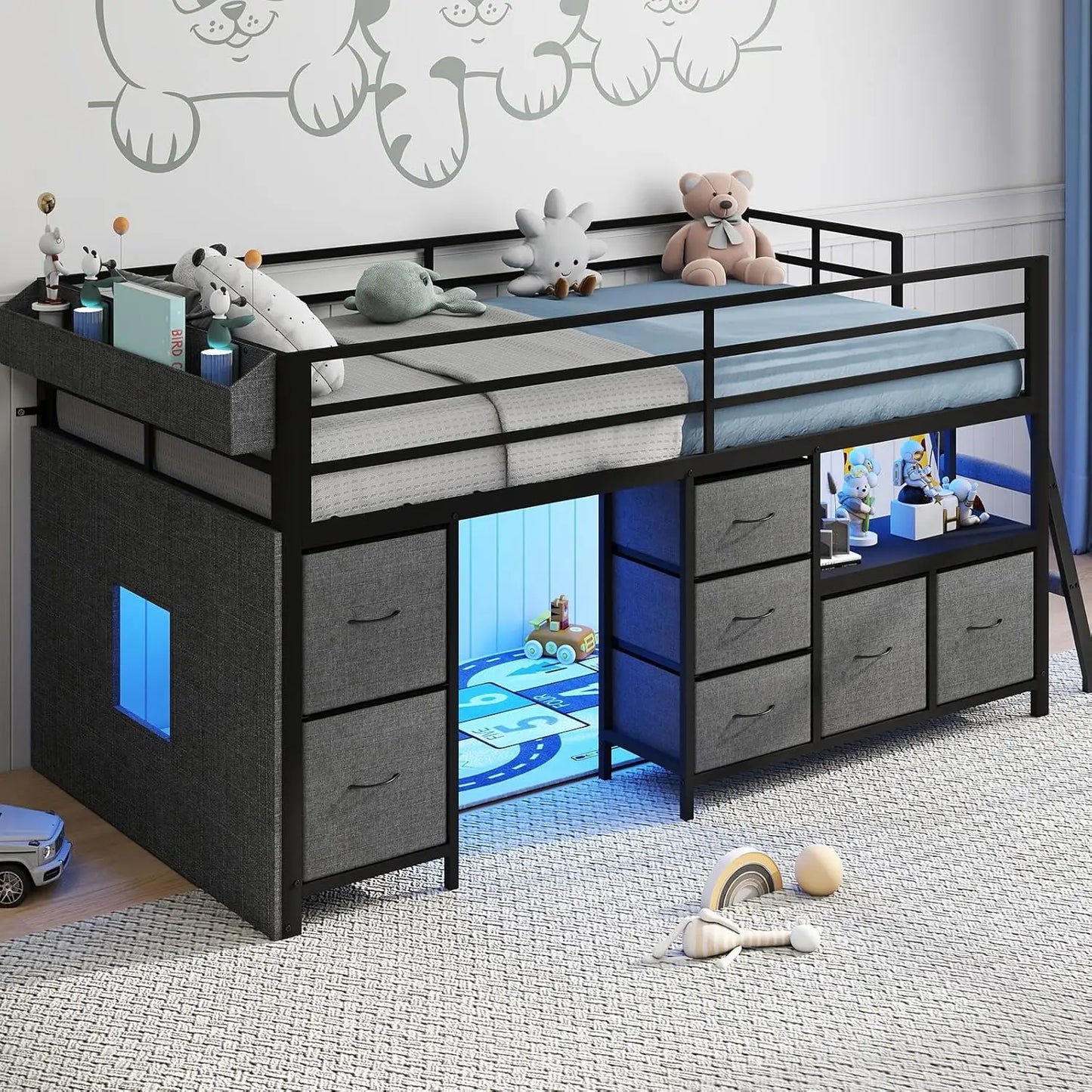 Twin Low Loft Bed 7 Drawers Bookcase 14" Guardrail LED Steel Slat Kids Play Space Gray, Customized