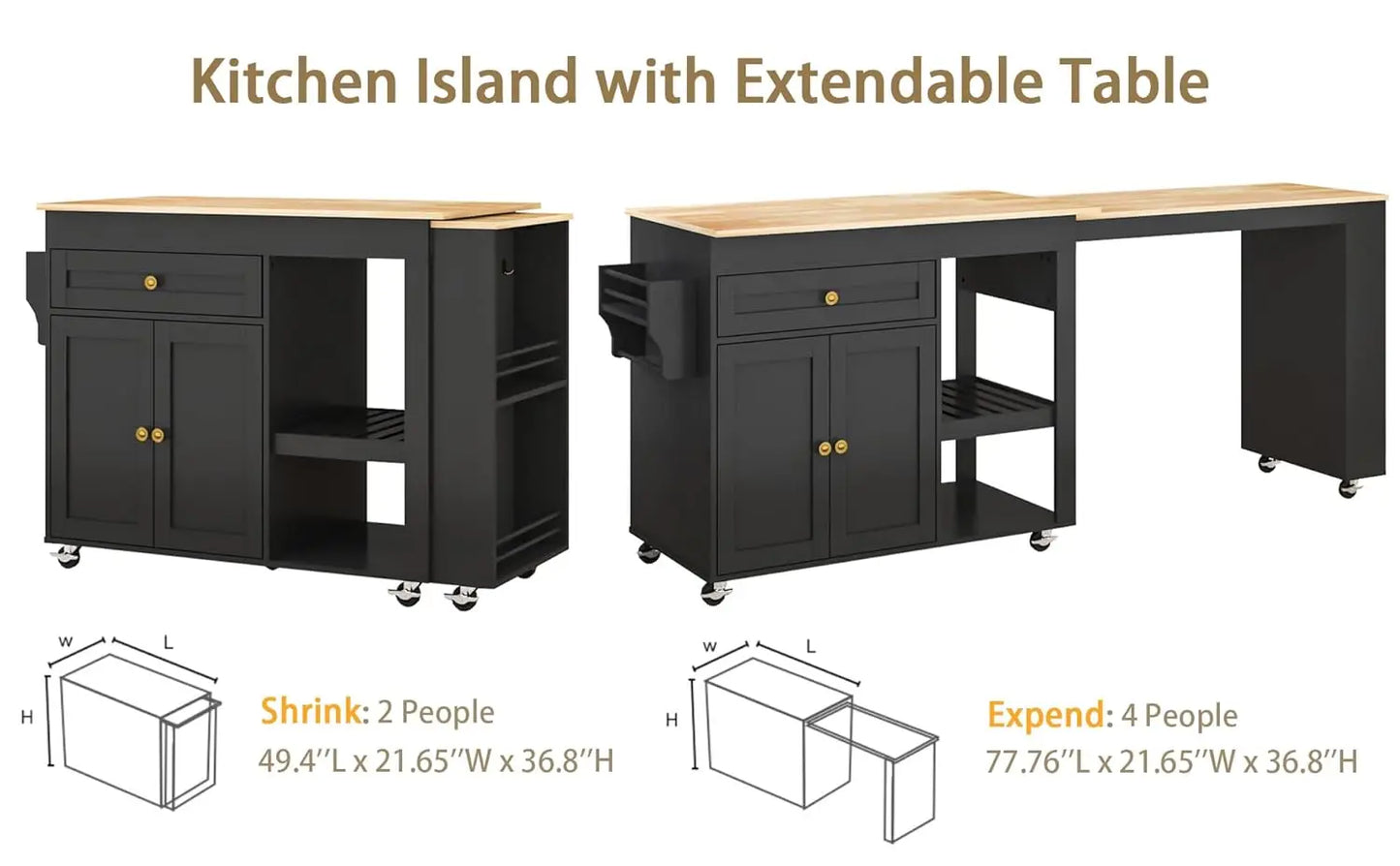 77.8'' Rolling Kitchen Island with Extendable Dining Table for 2-4, 2 in 1 Kitchen Islands Cart on Wheels, Storage Cabinet with