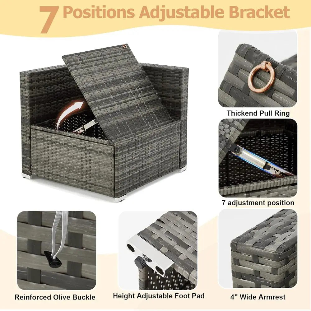 7-Piece Outdoor Patio Furniture Set, Handwoven PE Rattan, Sectional with Storage Table, Navy Blue Cushions & Pillows, Ideal for