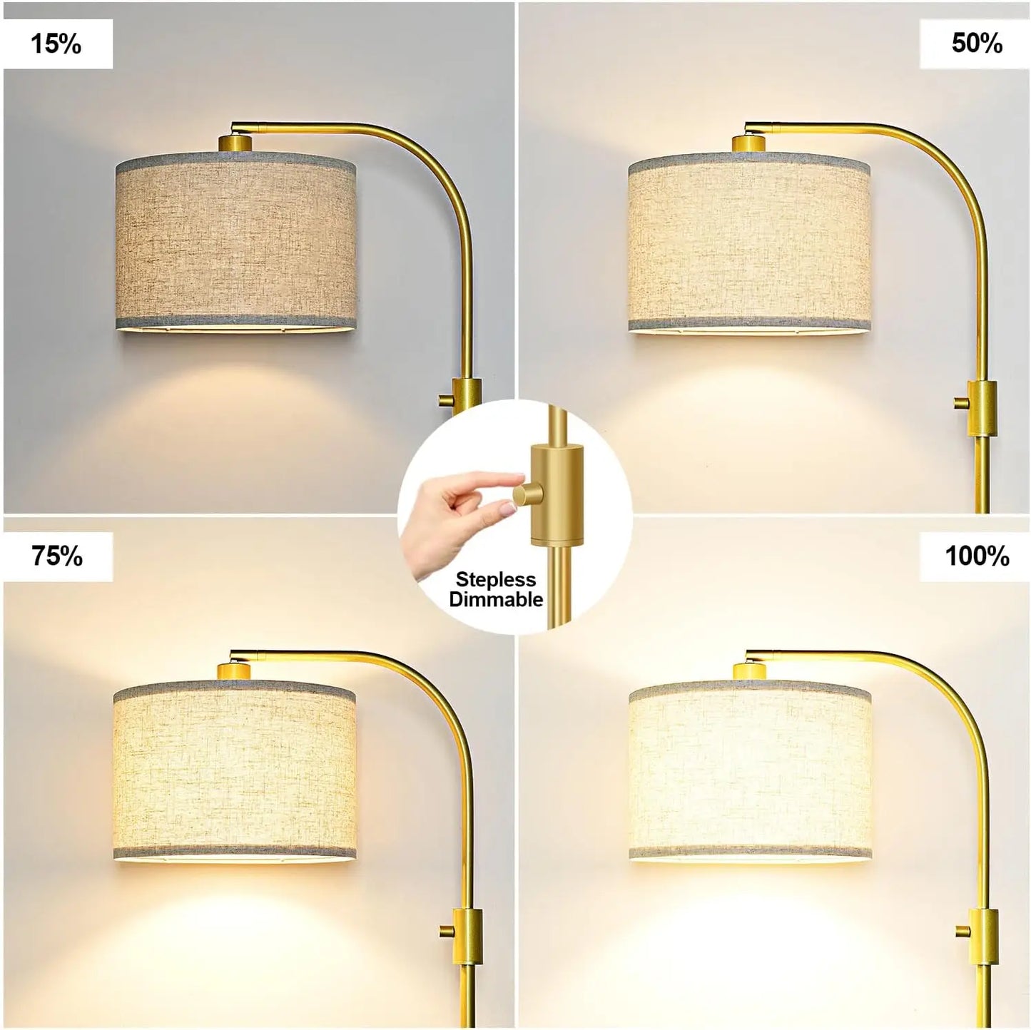 Modern Arc Dimmable Floor Lamp with Linen Shade, 1200 Lumens LED Bulb Included, Gold Finish for Living Room