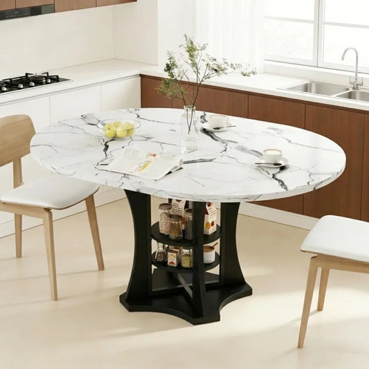 Extendable Dining Table 43"-59" for 4-6, White Faux Marble Round Kitchen Dining Room Table with 2 Tier Storage, Customized