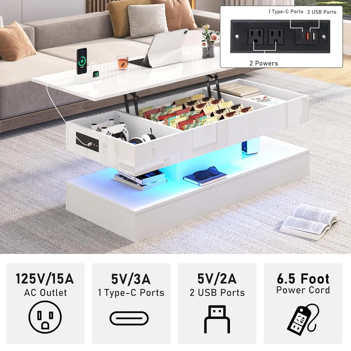 47.2" Large Lift Top Coffee Table,Modern High Glossy LED Coffee Tables for Living Room with Storage Drawer,White, Customized